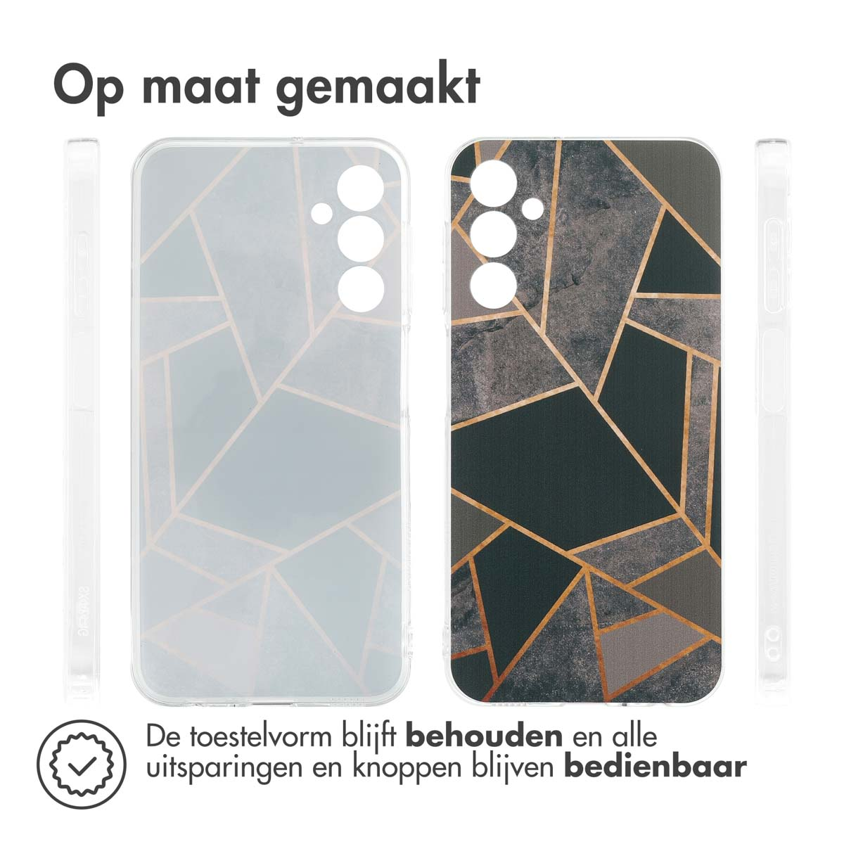 Coques de téléphone avec motifs géométriques. L'une est transparente, l'autre a un motif noir et gris avec des lignes dorées.