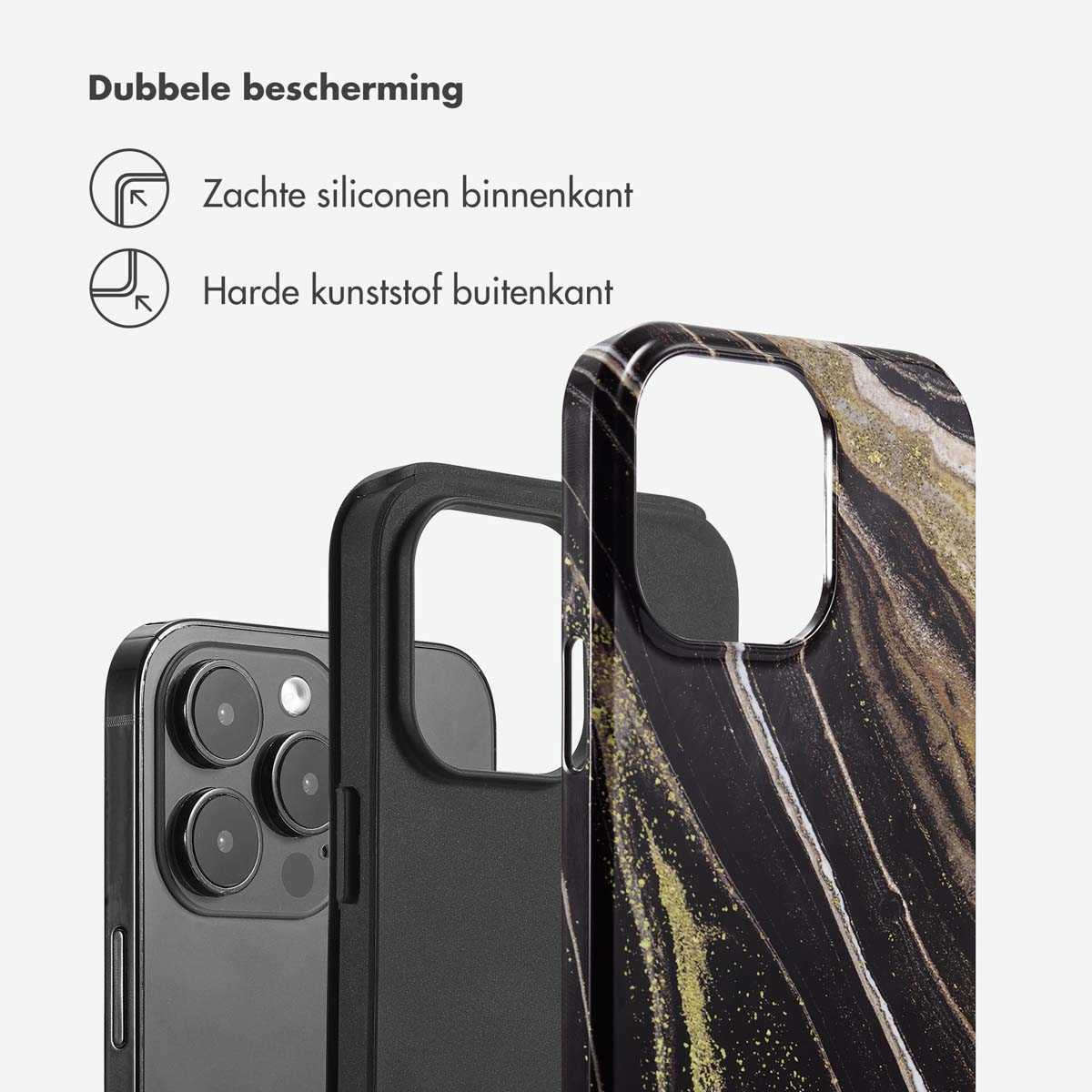 Een telefoonhoesje met een zwart en goud marmerpatroon.
