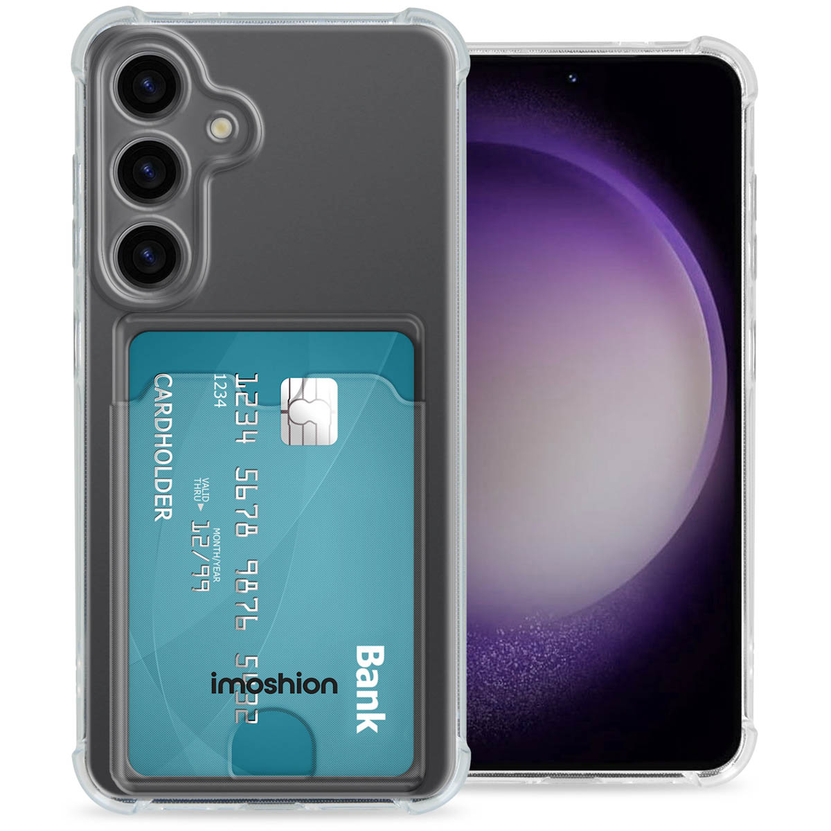 Coque de téléphone transparente avec un porte-cartes et une carte de crédit. Le téléphone est visible.
