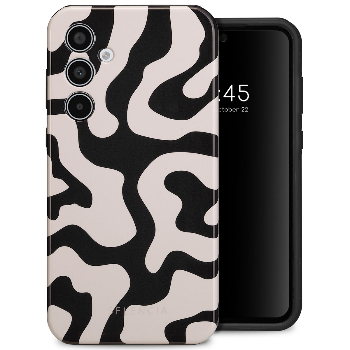 Coque de téléphone avec un motif tourbillonnant noir et blanc.
