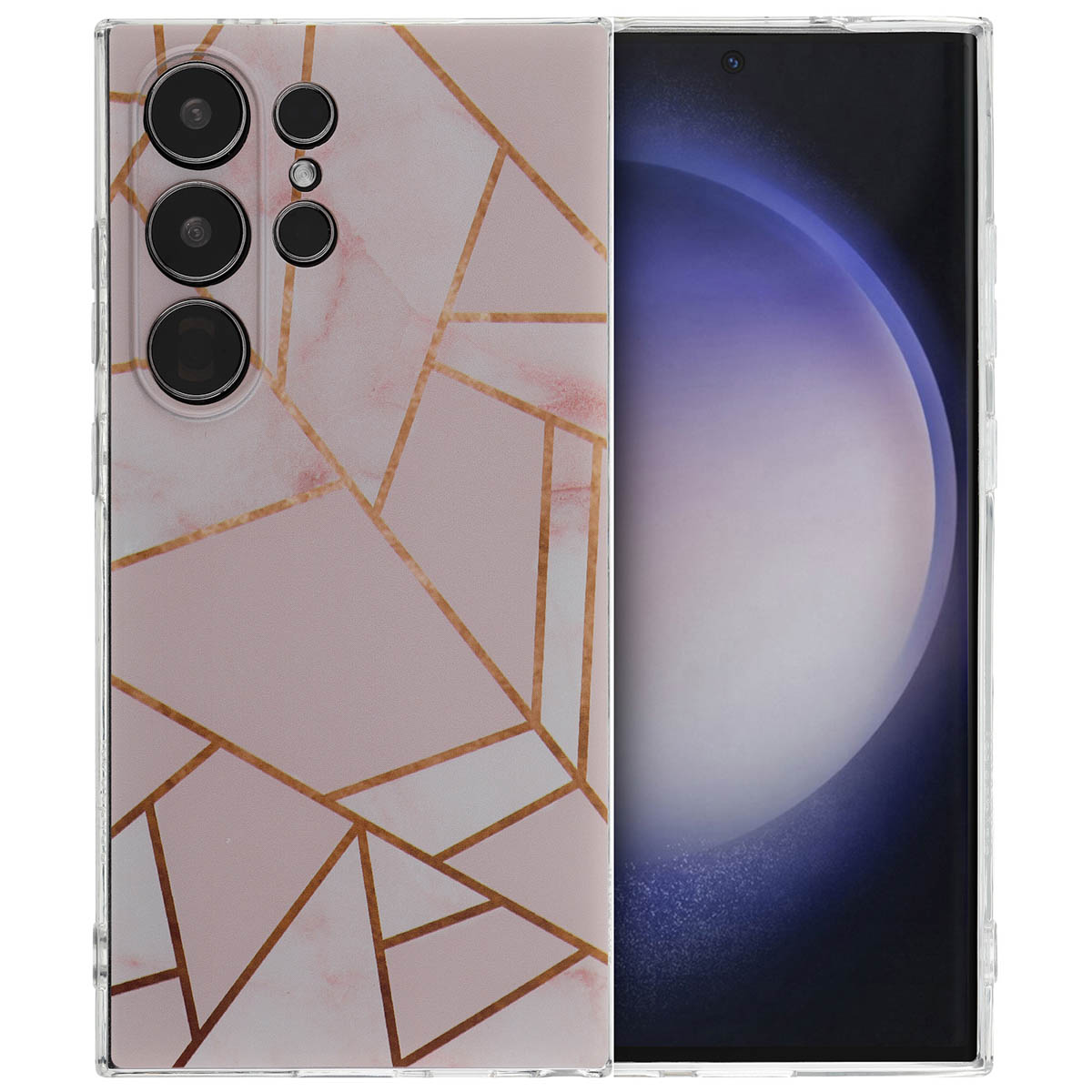 Telefoonhoes met geometrisch ontwerp. Telefoon is zichtbaar.