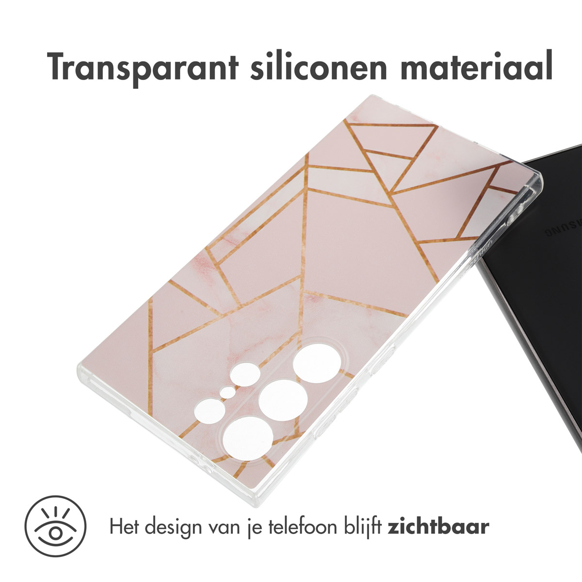 Transparant telefoonhoesje met een roze en goud geometrisch design. Tekst: Transparant siliconen materiaal.