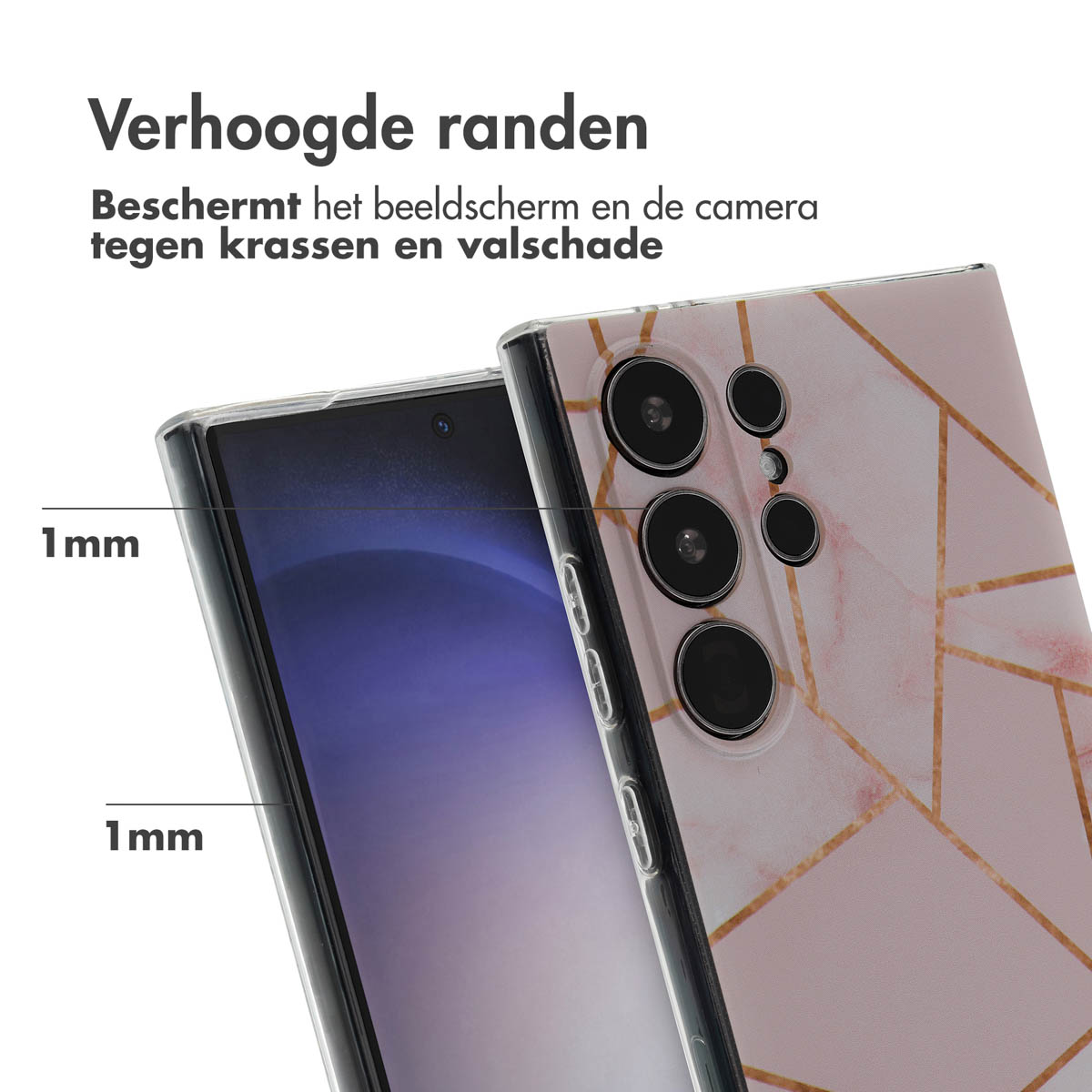 Telefoonhoesje met een roze marmerontwerp. De telefoon zit erin.