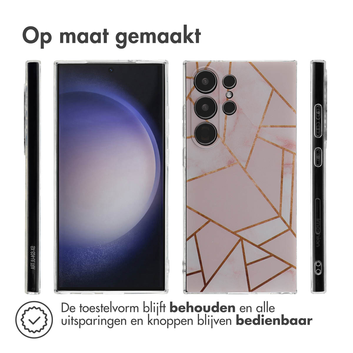 Drie telefoons. Twee doorzichtige hoesjes met gouden geometrische ontwerpen en een telefoon.