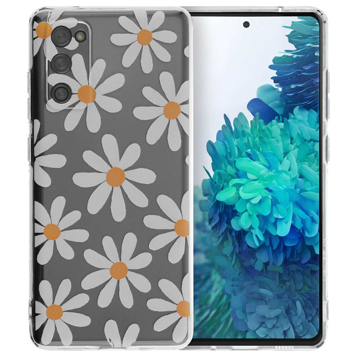 Una custodia trasparente con un motivo a margherite su sfondo grigio, che copre un telefono con fiori blu.