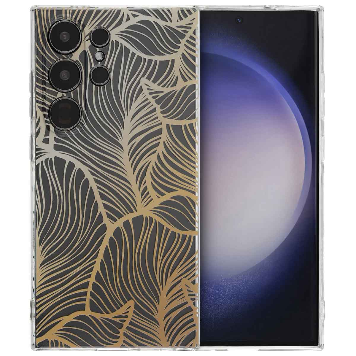 Transparante telefoonhoes met bladgoud ontwerp. Telefoon is zichtbaar.