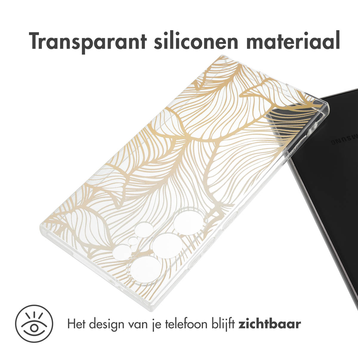 Transparant telefoonhoesje met bladerdesign. Tekst: Transparant siliconen materiaal. Gouden bladerenpatroon.