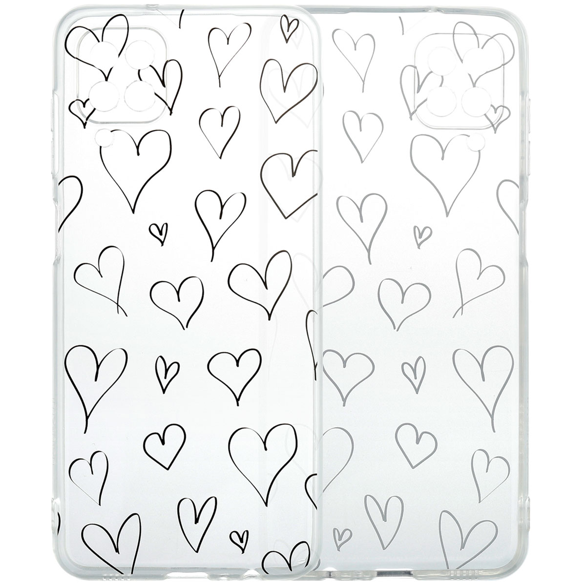 Twee doorzichtige telefoonhoesjes met hartjeskrabbels. De linker hoes heeft meer hartjes. Witte achtergrond.