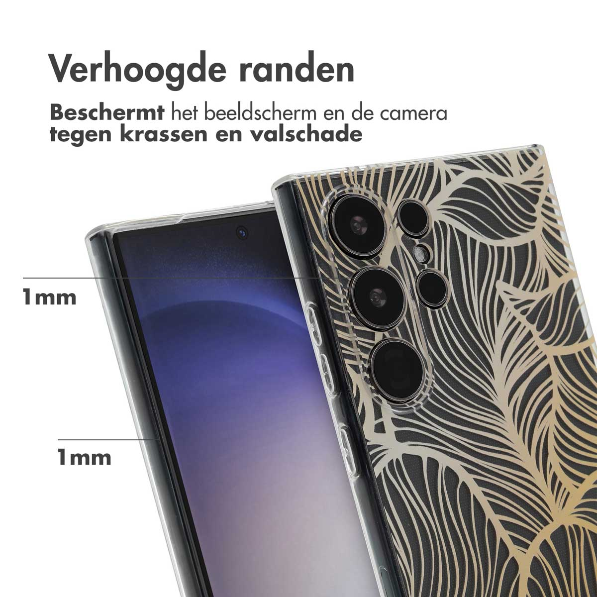 Transparante telefoonhoes met een bladgoud ontwerp. De hoes heeft opstaande randen voor scherm en camera.