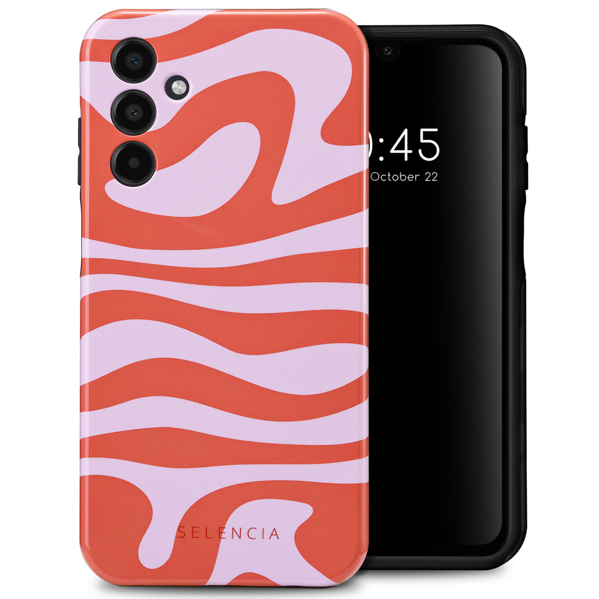 Oranje en roze wervelende telefoonhoes. Een telefoon wordt getoond in de hoes. De merknaam staat onderaan.