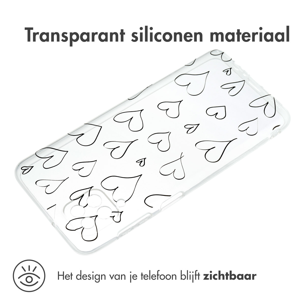 Transparante telefoonhoes met zwarte hartvormen.