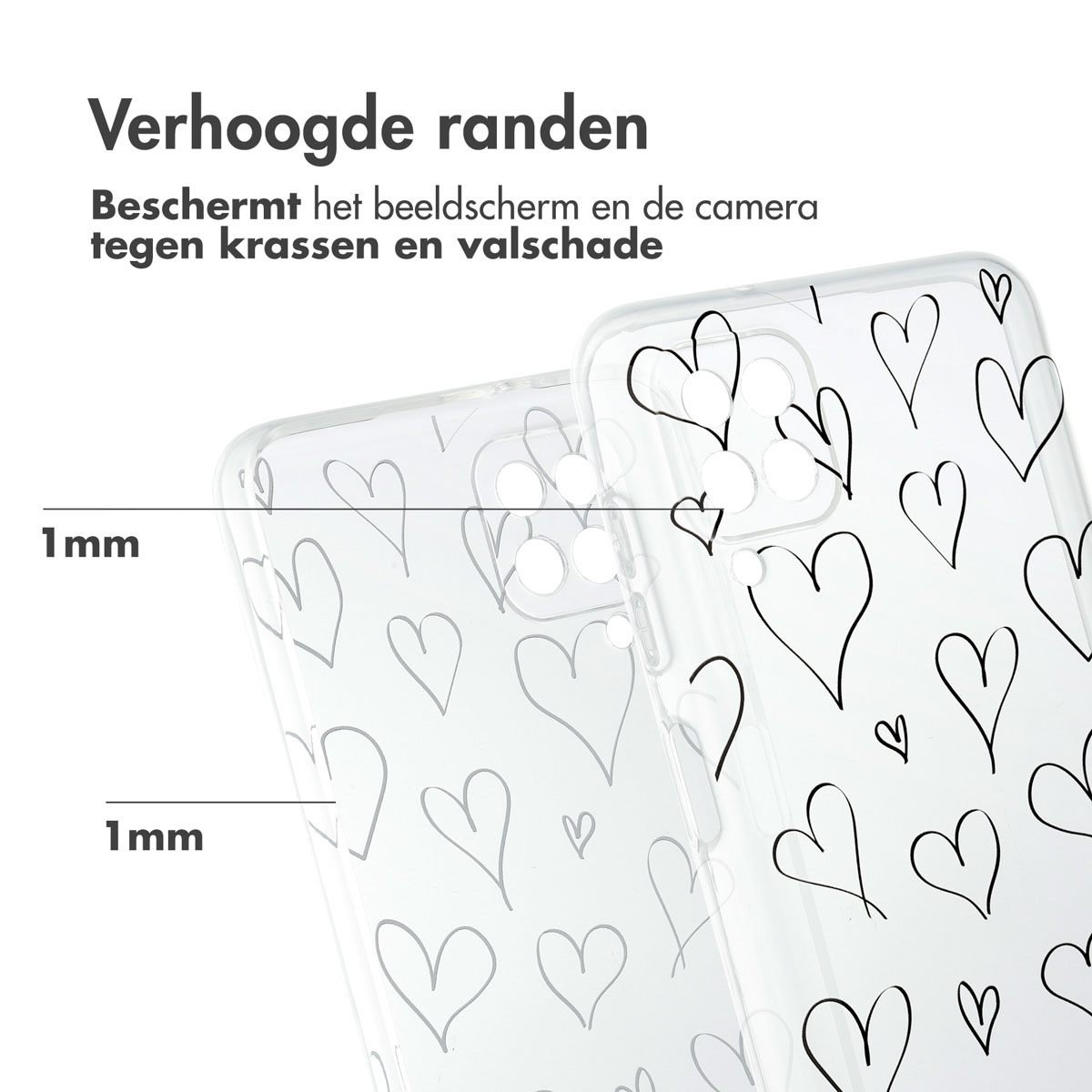 Transparante telefoonhoesjes met hartontwerpen, die een telefoon laten zien.