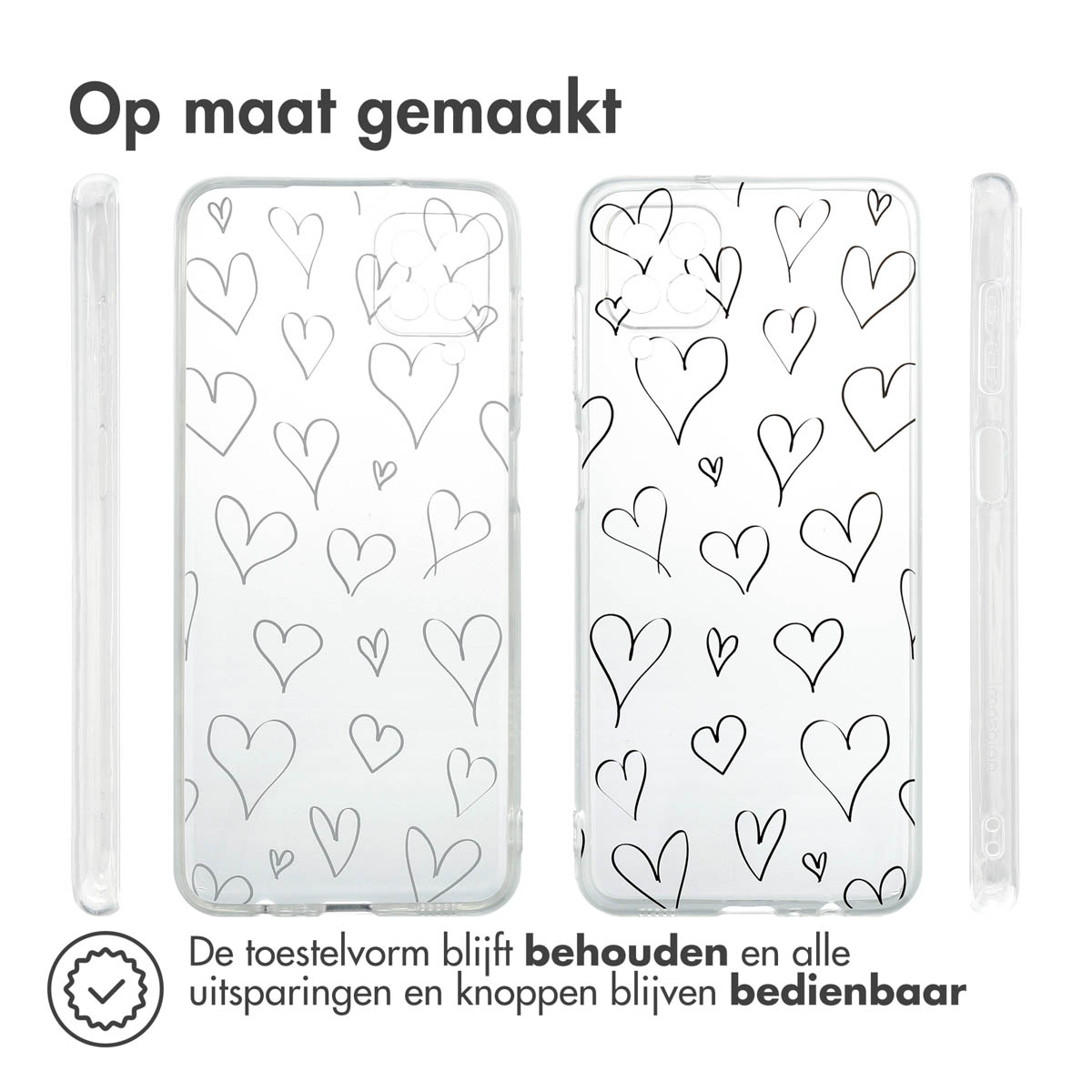 Transparante telefoonhoes met getekende harten. Telefoon erin, uitsparingen toegankelijk.