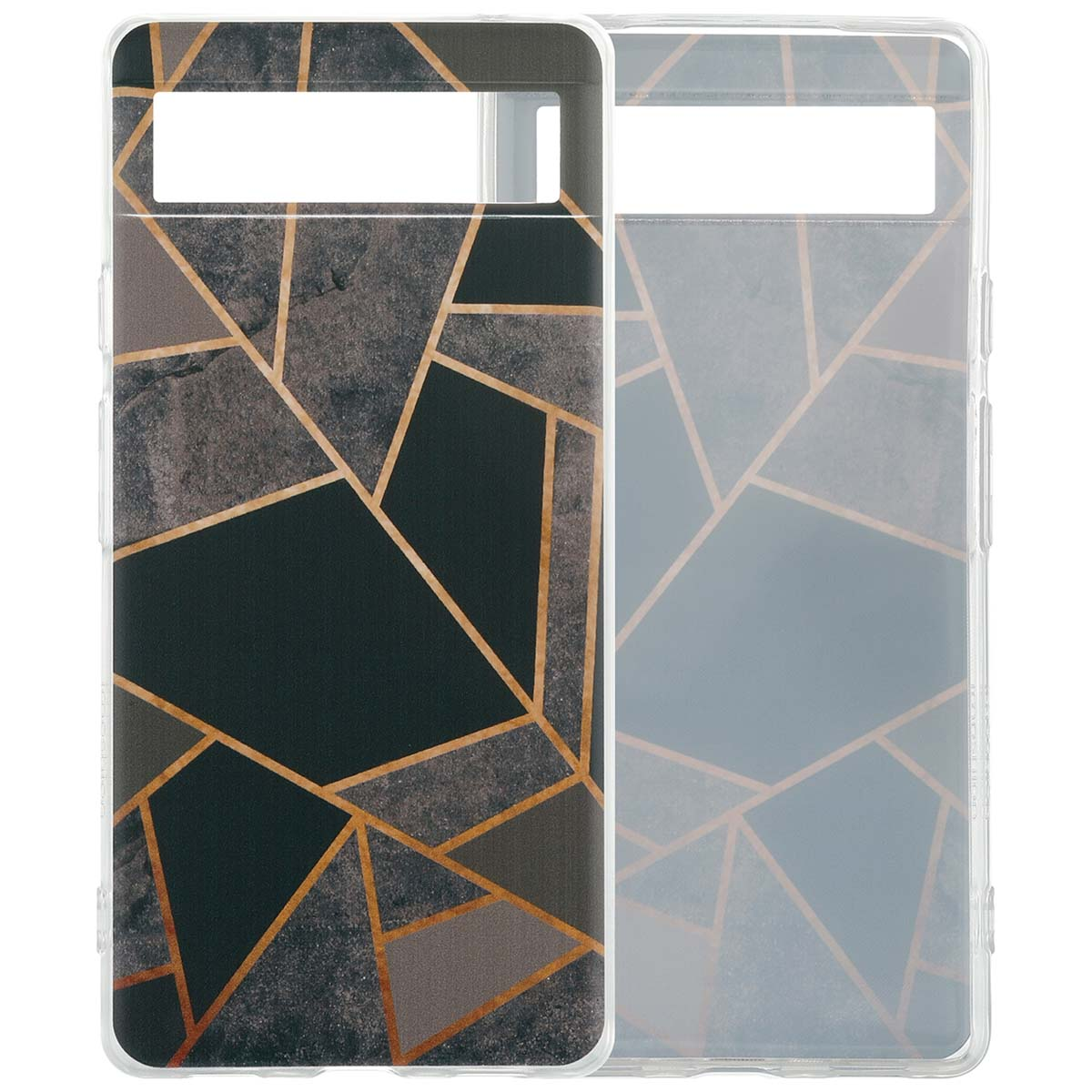 Transparante telefoonhoes met een geometrisch patroon. Er worden twee hoesjes getoond, één met de telefoon erin.