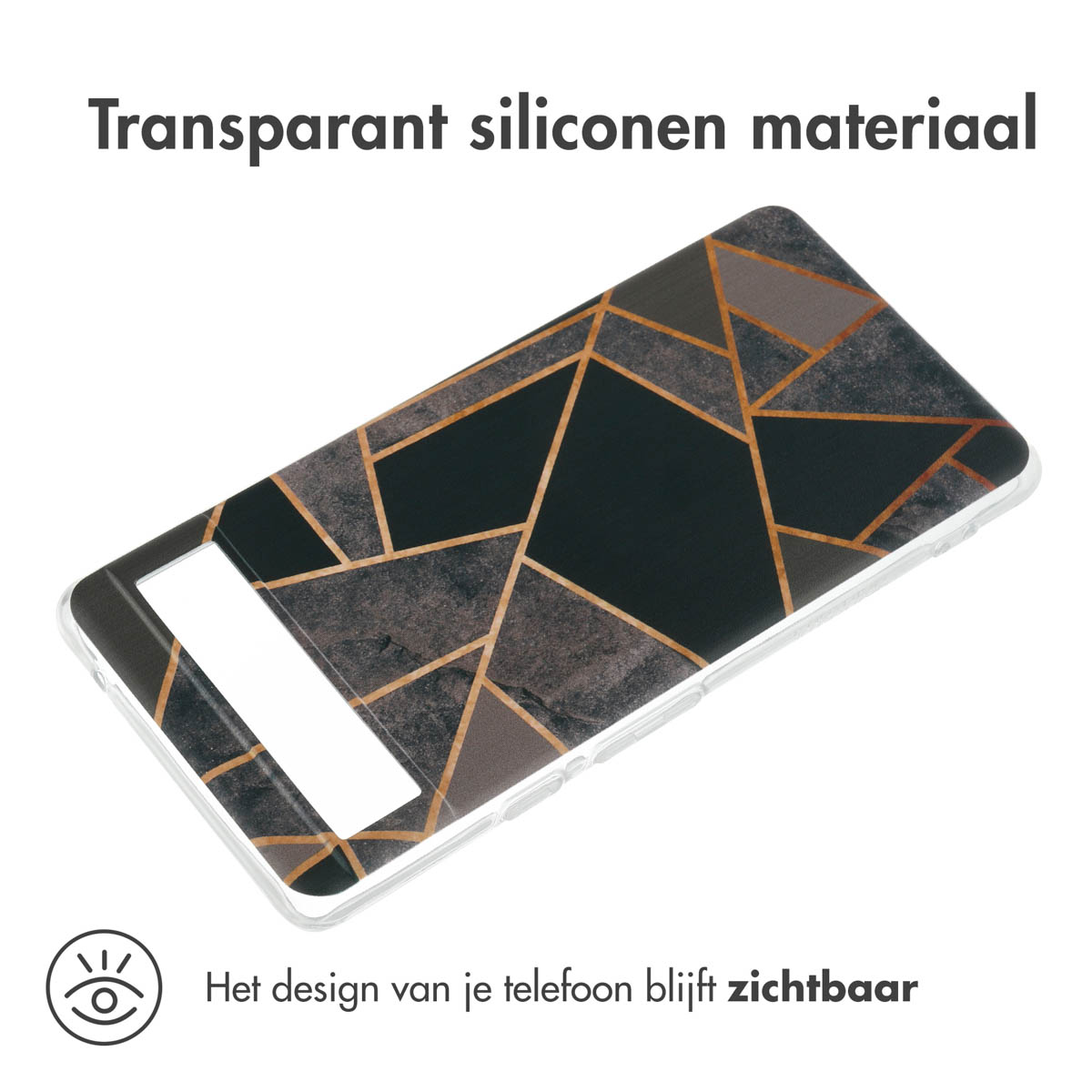 Transparant telefoonhoesje met geometrisch design. Tekst: Transparant siliconen materiaal. Donkere achtergrond.