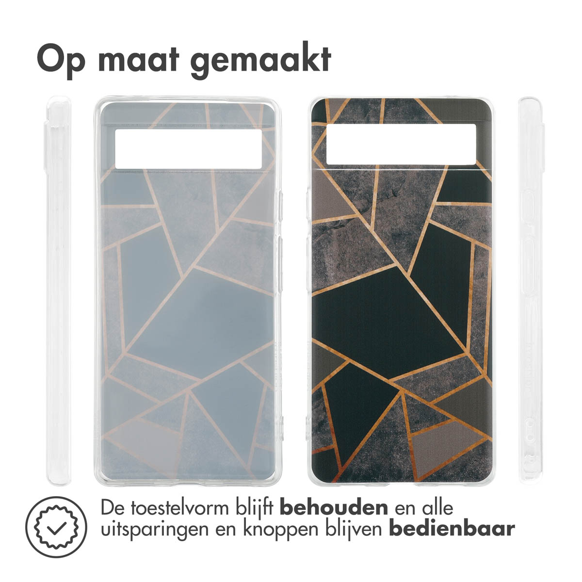 Telefoonhoesjes met geometrische patronen. De telefoon staat tussen de hoesjes. Tekst: Op maat gemaakt.