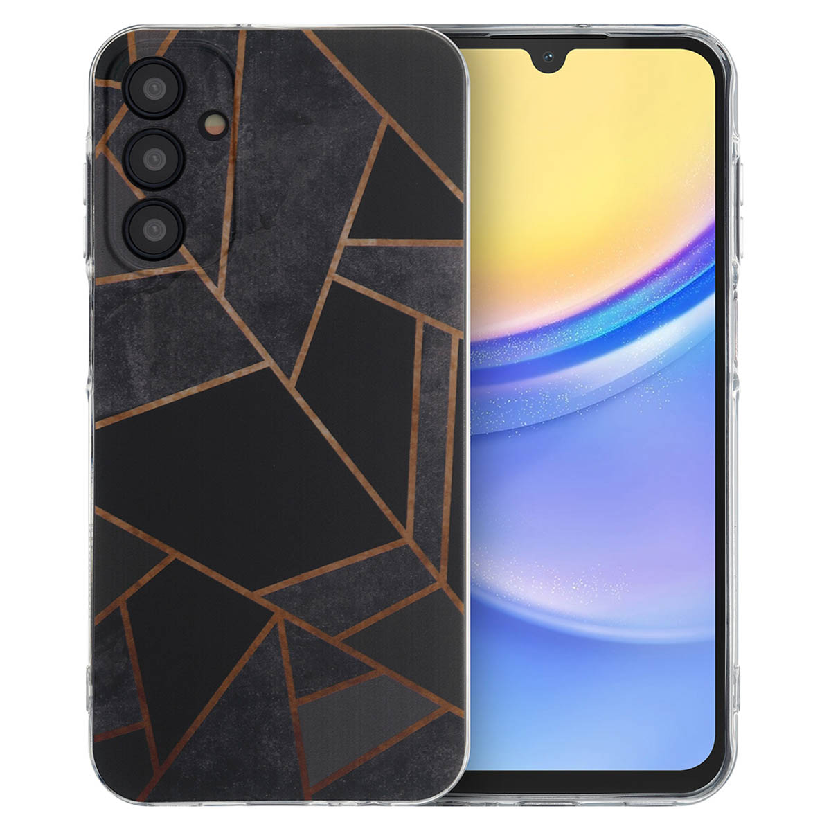 Zwarte telefoonhoes met gouden geometrische lijnen. Het scherm van de telefoon is zichtbaar. De hoes ligt op een wit oppervlak.