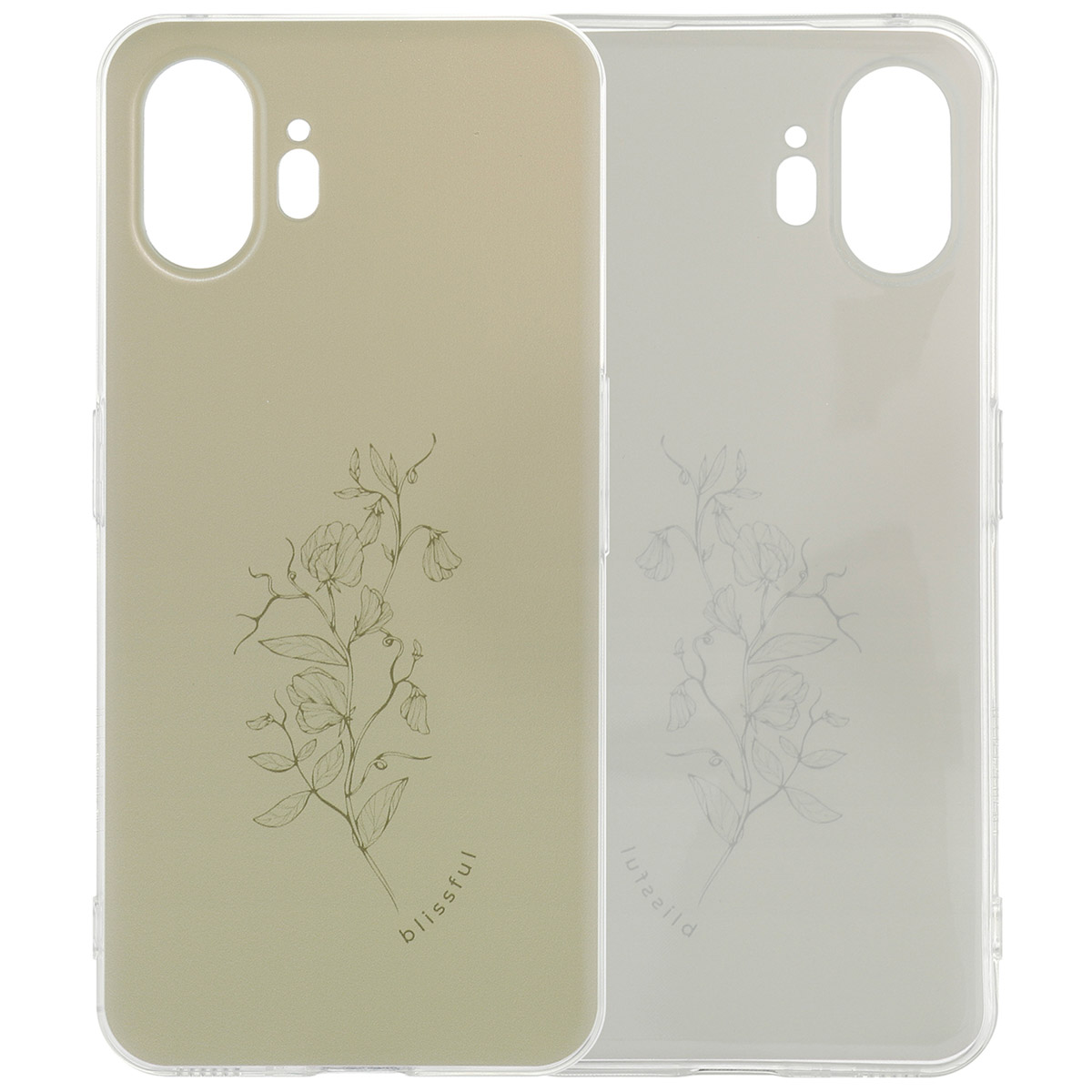 Twee transparante telefoonhoesjes. Eén met bloemenschets in beige, de andere effen.