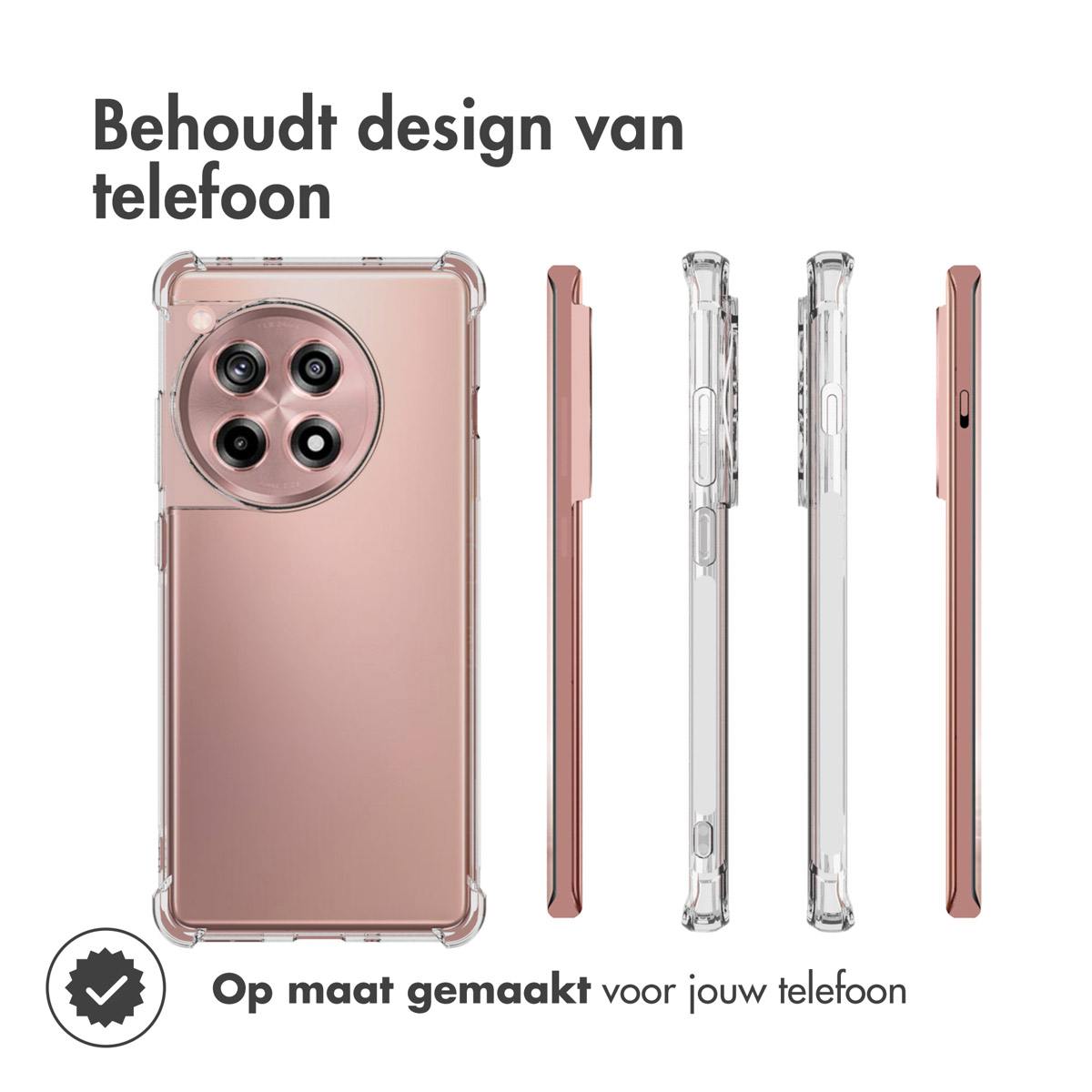 Custodia per telefono con retro trasparente e lati oro rosa, con il telefono all'interno.