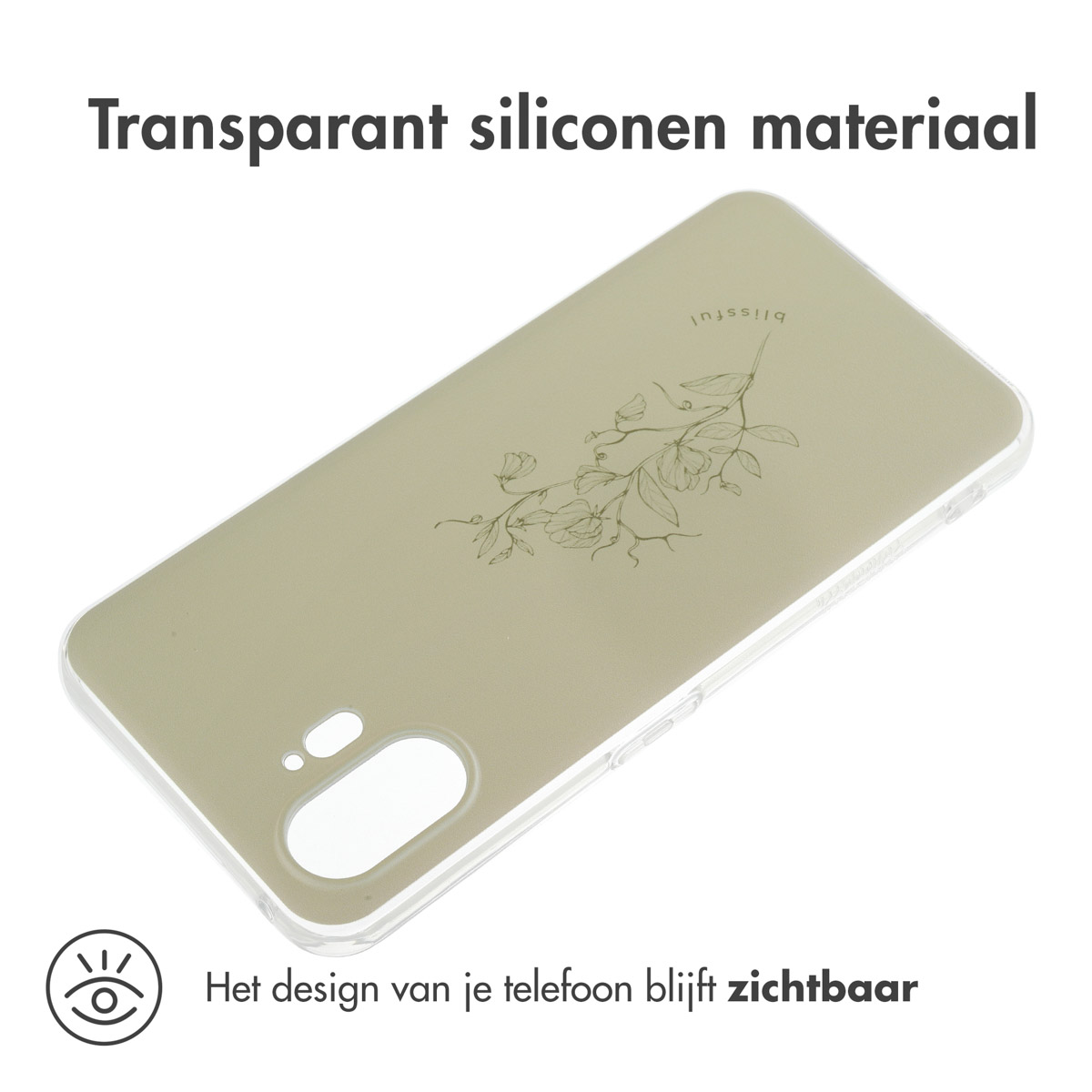 Transparante telefoonhoes met bloemen design. Het ontwerp van de telefoon is zichtbaar. De hoes staat op wit.
