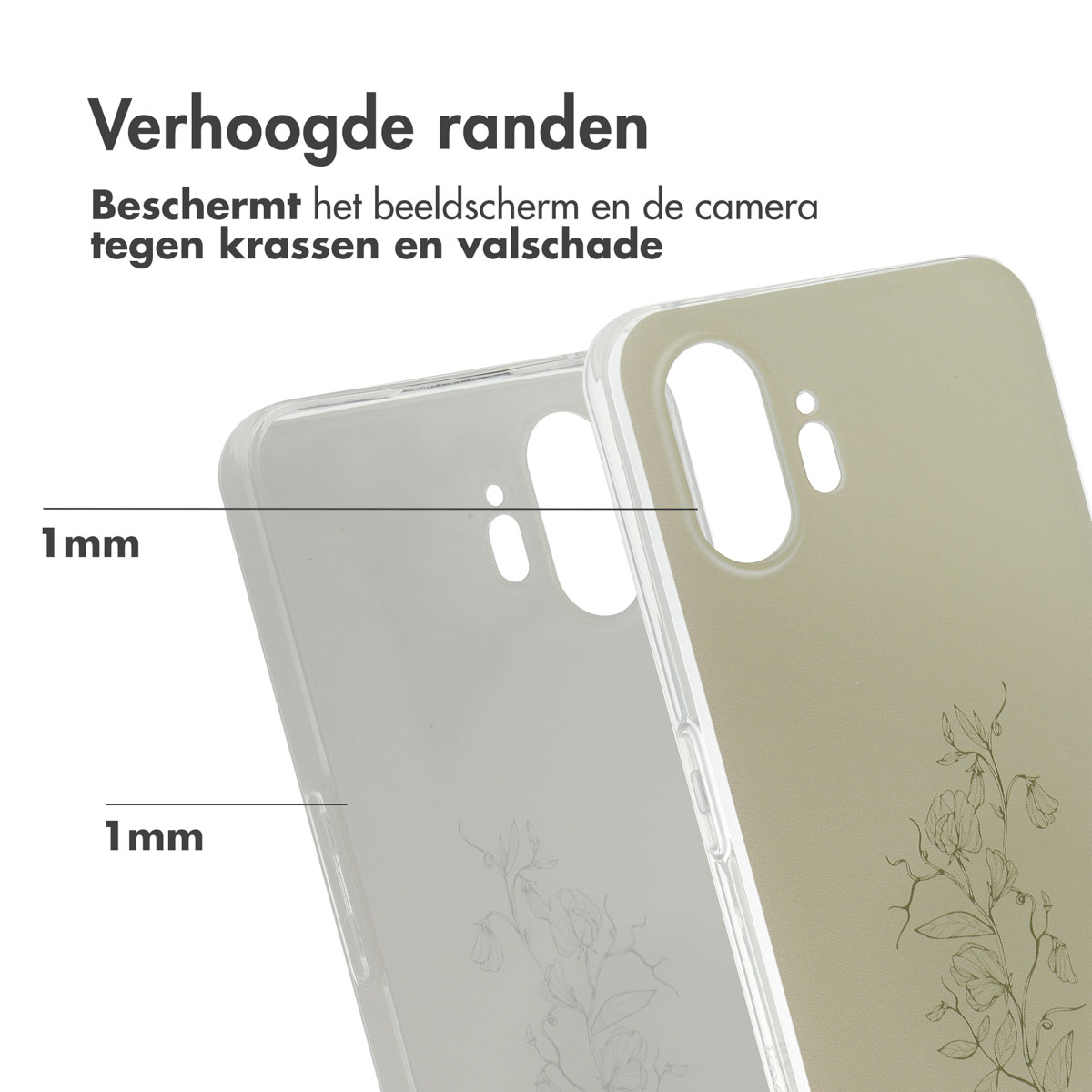 Transparante telefoonhoes. Het heeft opstaande randen met een bloemenontwerp en een telefoon.
