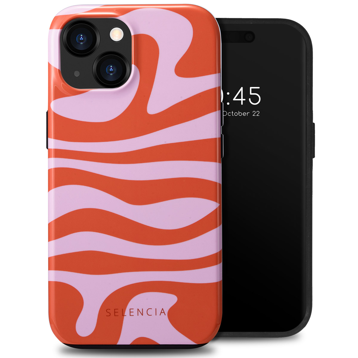 Coque de téléphone tourbillonnante orange et rose. Un téléphone est montré dans la coque. La marque est en bas.