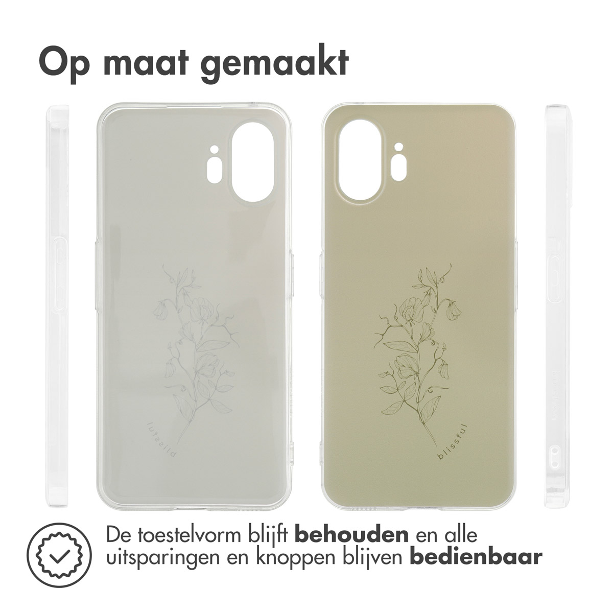Transparante telefoonhoesjes met bloemmotieven. De hoesjes hebben een slank ontwerp en zijn afgestemd op de vorm van de telefoon.