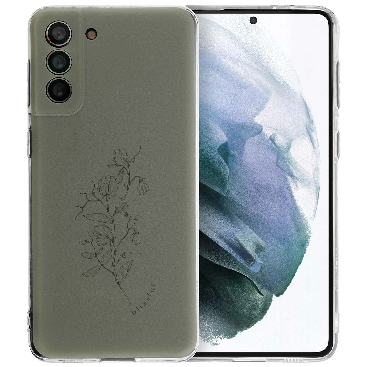 Groene telefoonhoes met een bloemenontwerp. De telefoon zit in de hoes.