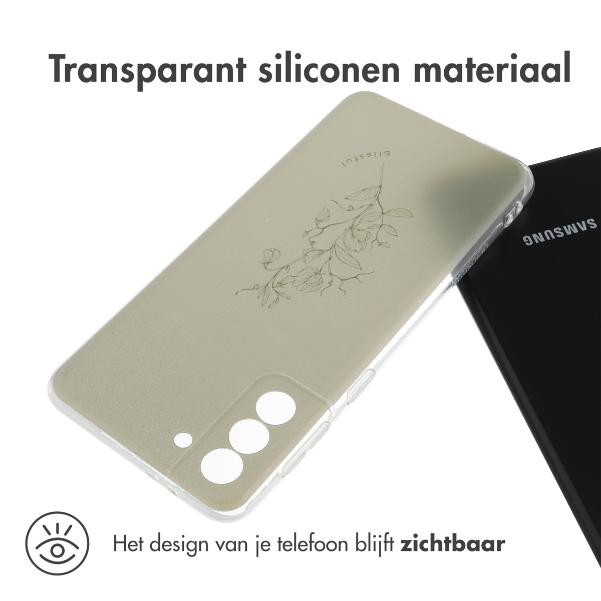 Een doorzichtige telefoonhoes met een bloemenontwerp.