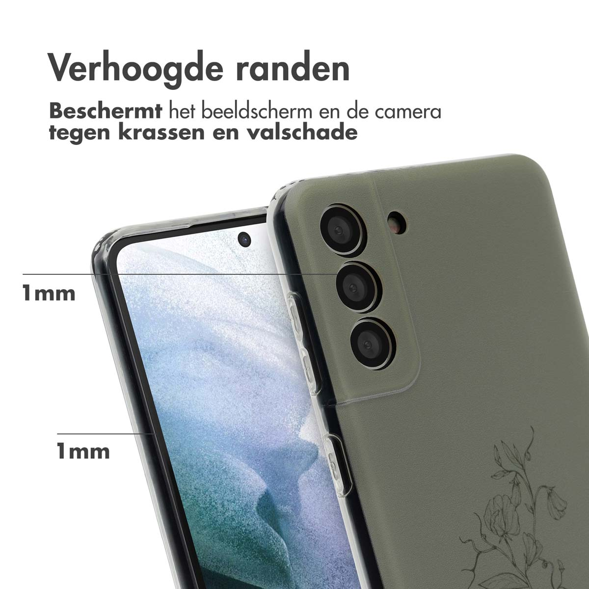 Transparante telefoonhoes met opstaande randen. Telefoon en bloemmotief zijn zichtbaar.