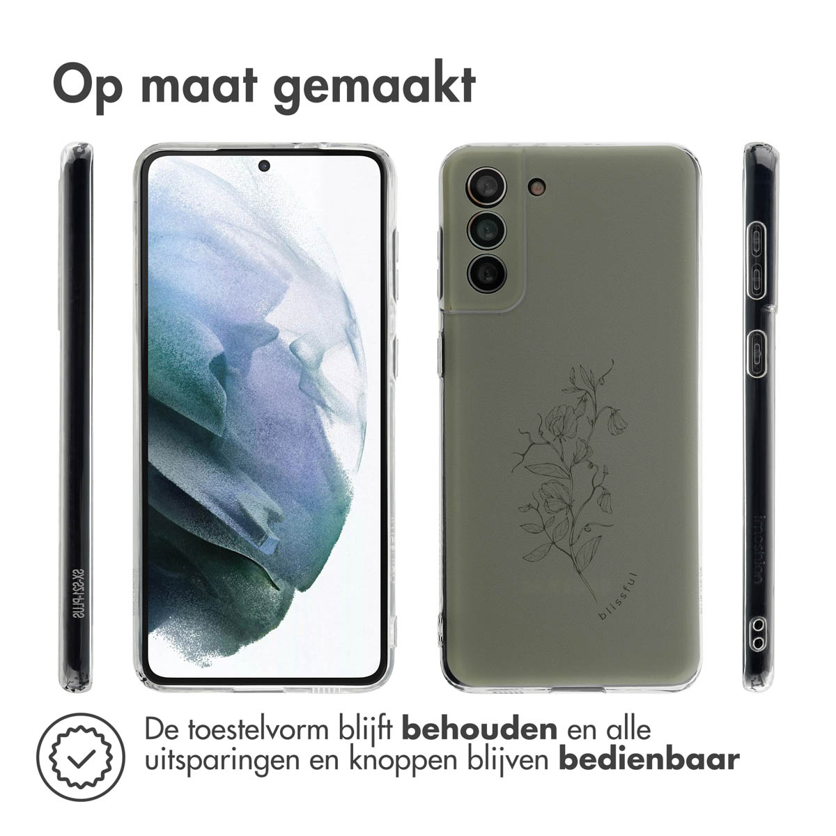 Telefoonhoesje met een bloemenontwerp, olijfgroene kleur en een doorzichtig telefoonhoesje.