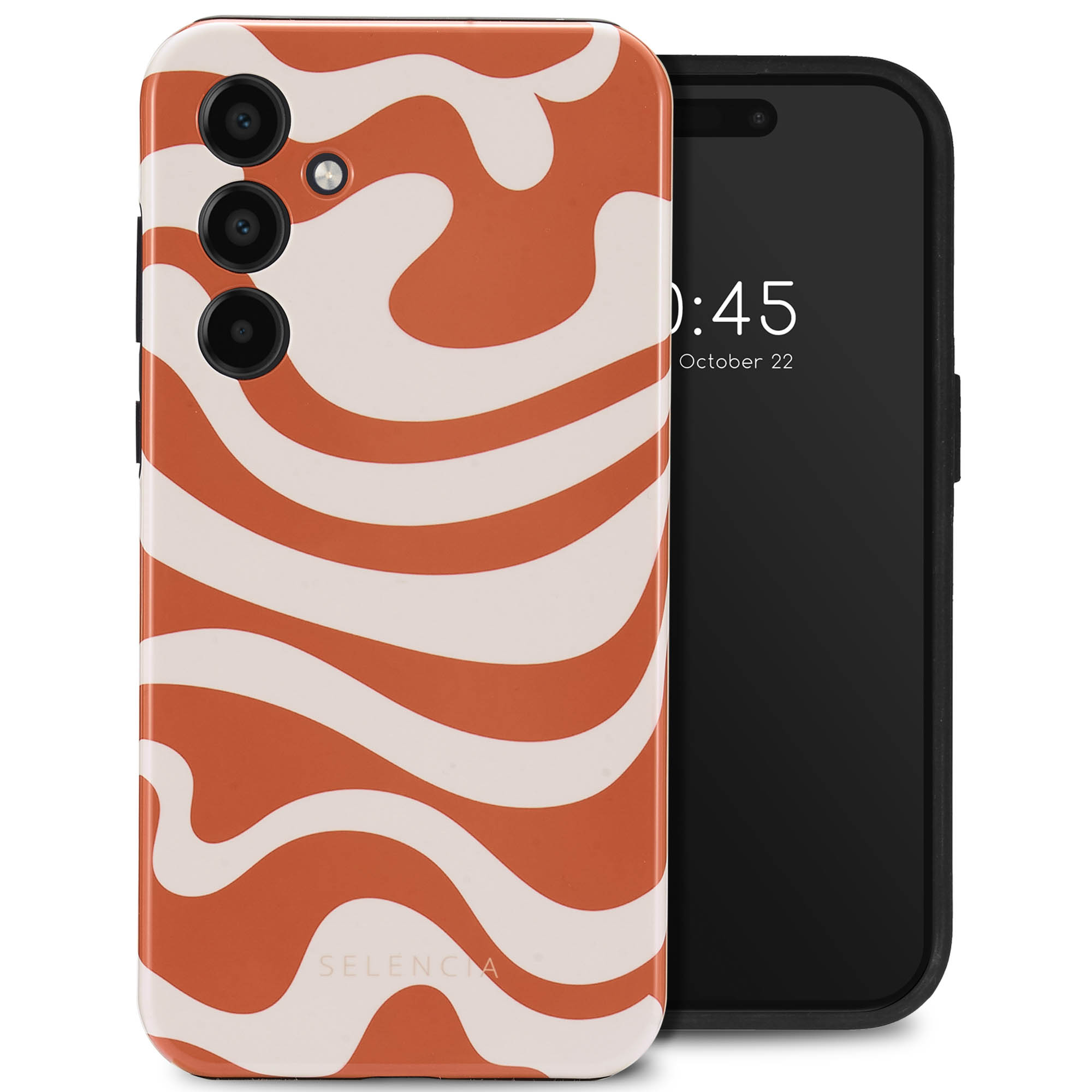 Coque de téléphone avec un motif de vagues orange et blanc et un téléphone.