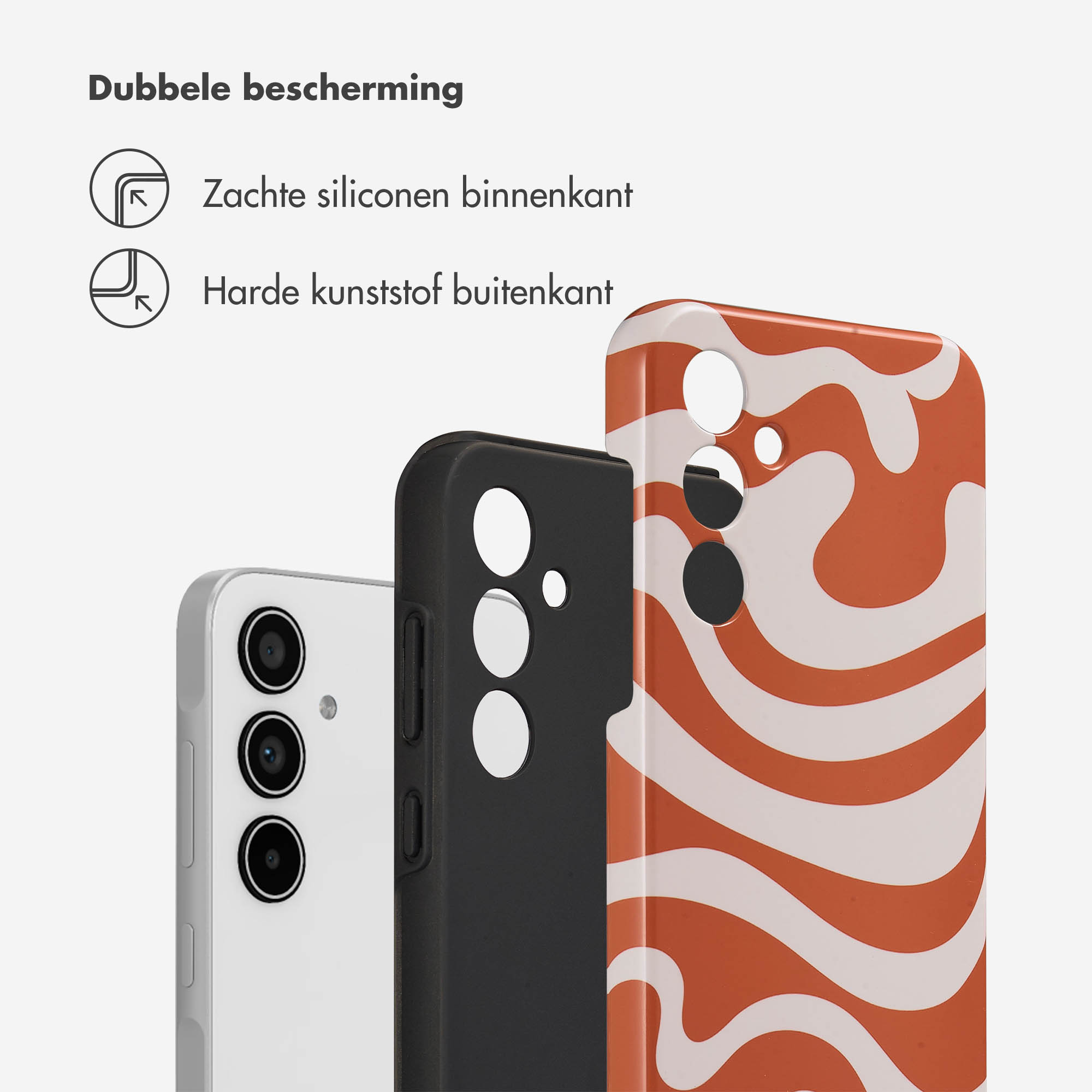 Téléphone avec coque. La coque est orange et blanche. C'est une coque double protection avec intérieur doux.