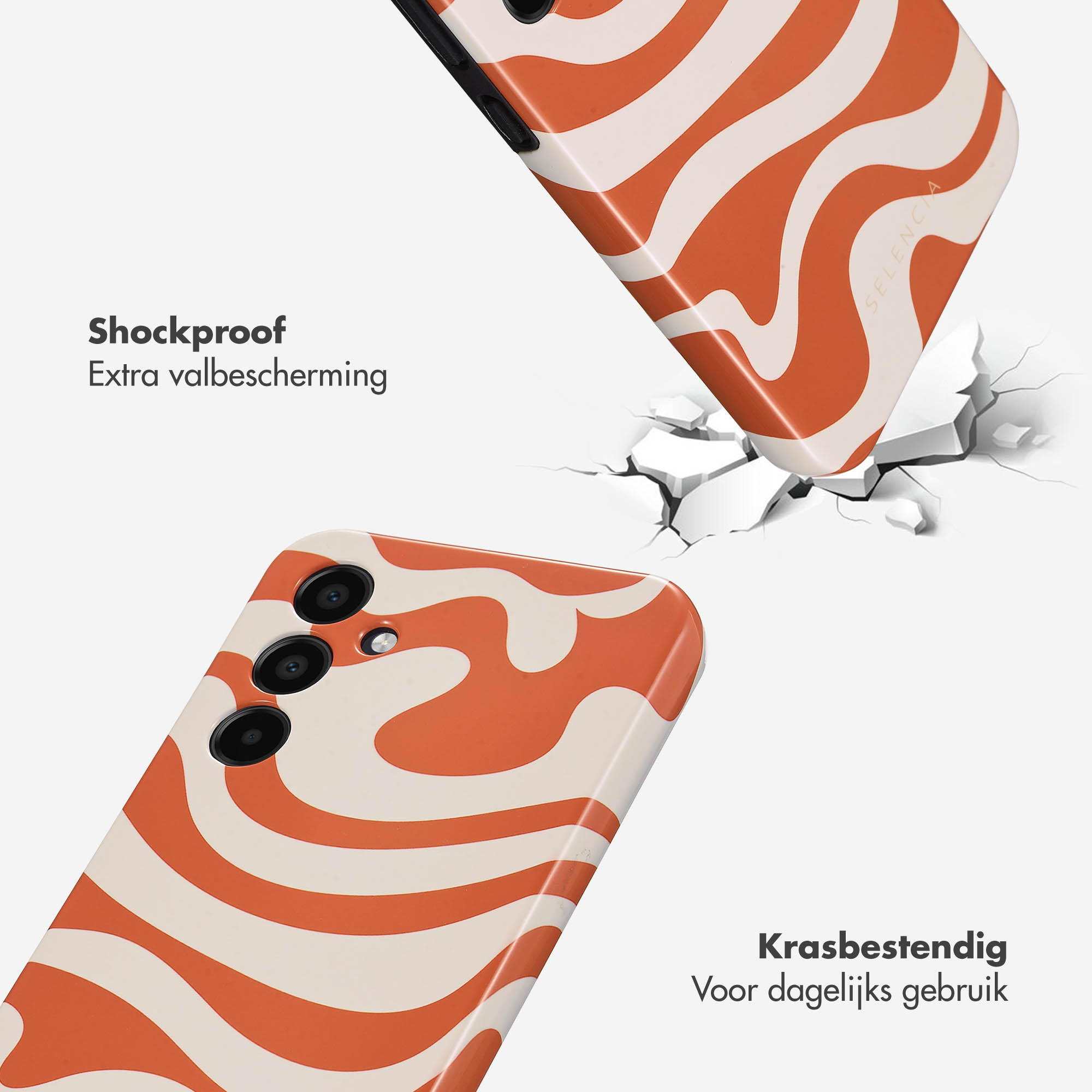 Deux coques de téléphone avec un motif tourbillon orange et blanc.