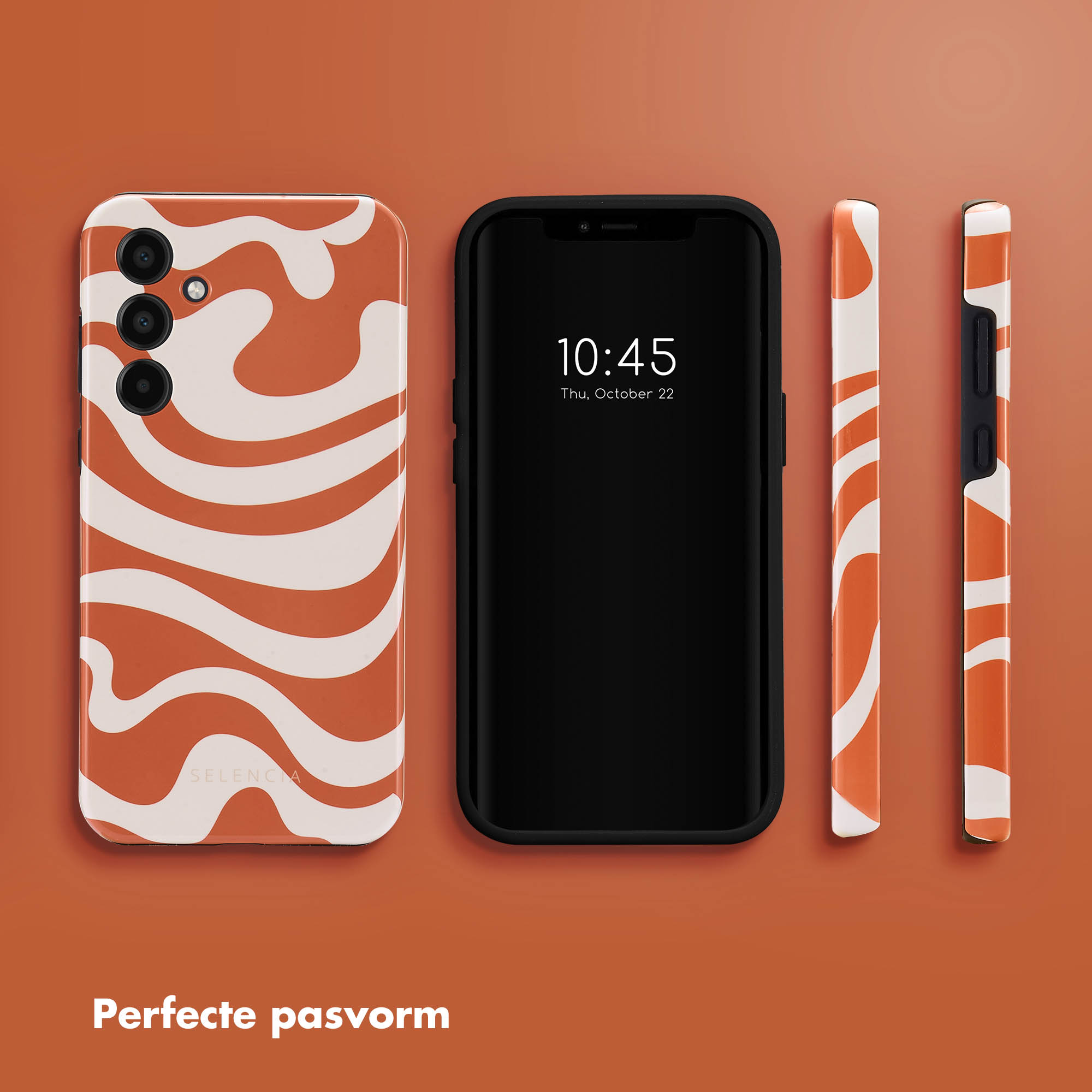 Un téléphone avec une coque rouge-orange avec un motif ondulé. Le téléphone affiche l'heure : 10h45, jeudi 22 octobre.