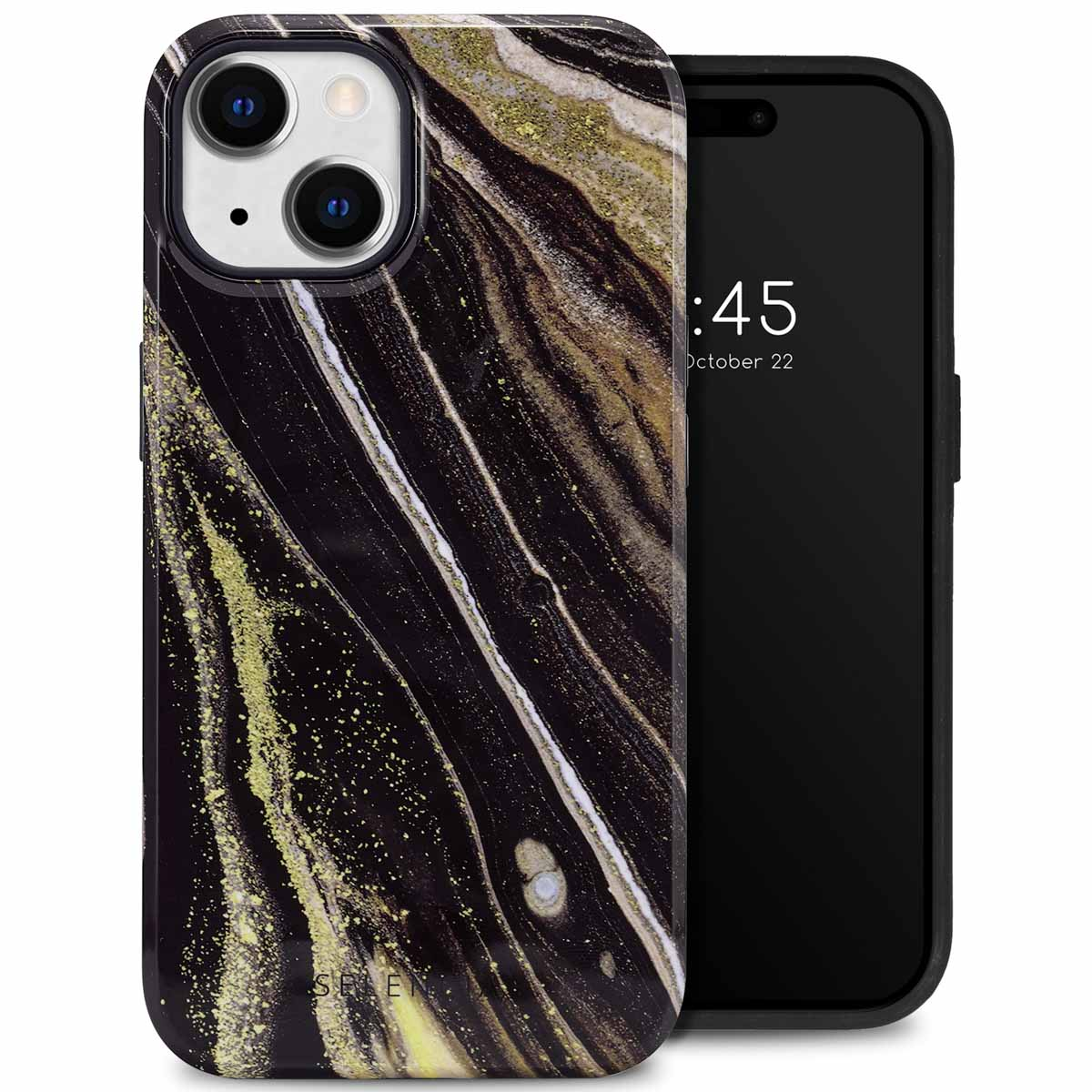 Coque de téléphone avec un design marbre noir et or, et un téléphone noir.