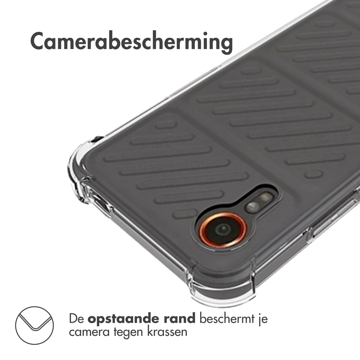 Transparante telefoonhoes met een zwart interieur. De hoes zit rond de camera van een telefoon.