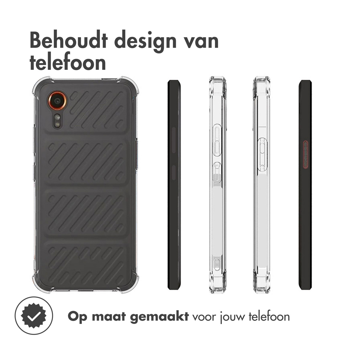 Telefoonhoesje met een zwart geometrisch design en een transparant telefoonhoesje.