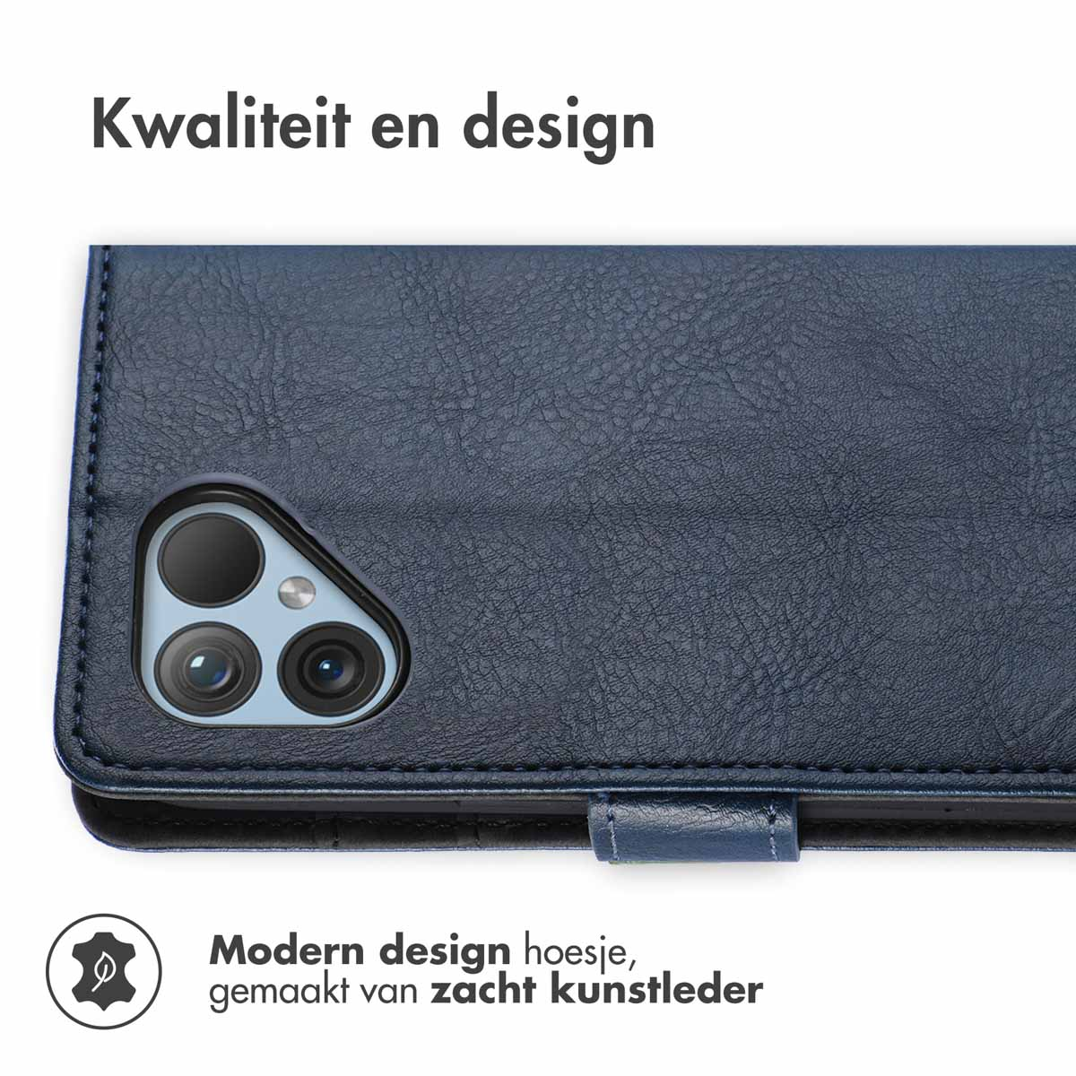 Blaue Leder-Handyhülle. Die Hülle ist geschlossen. Ein Telefon befindet sich darin. Das Design ist modern, aus weichem Leder.