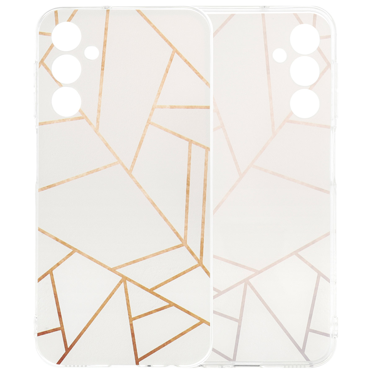 Twee telefoonhoesjes met een gouden geometrisch patroon op een witte achtergrond.
