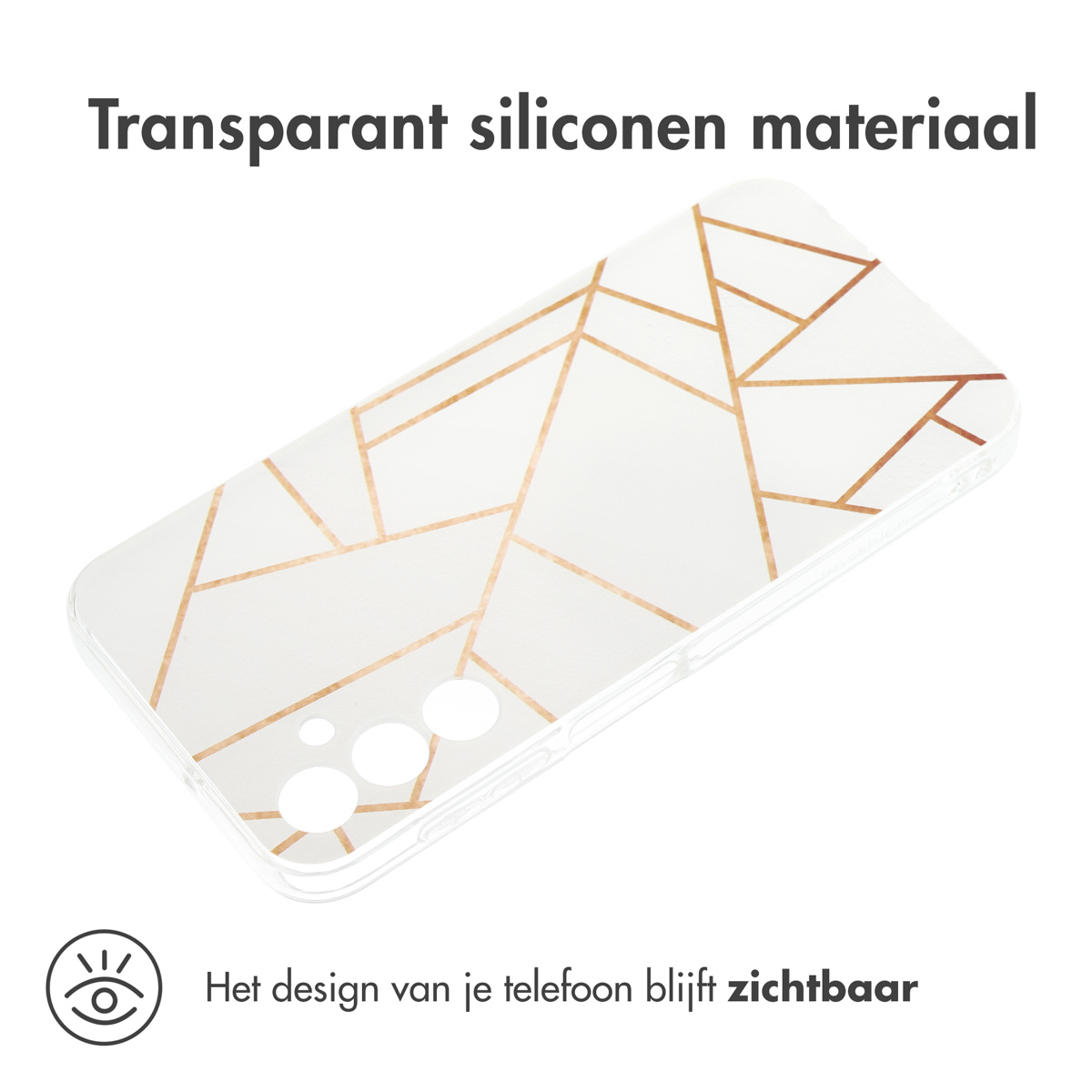 Transparante telefoonhoes met een geometrisch patroon. De hoes ligt op een wit oppervlak.