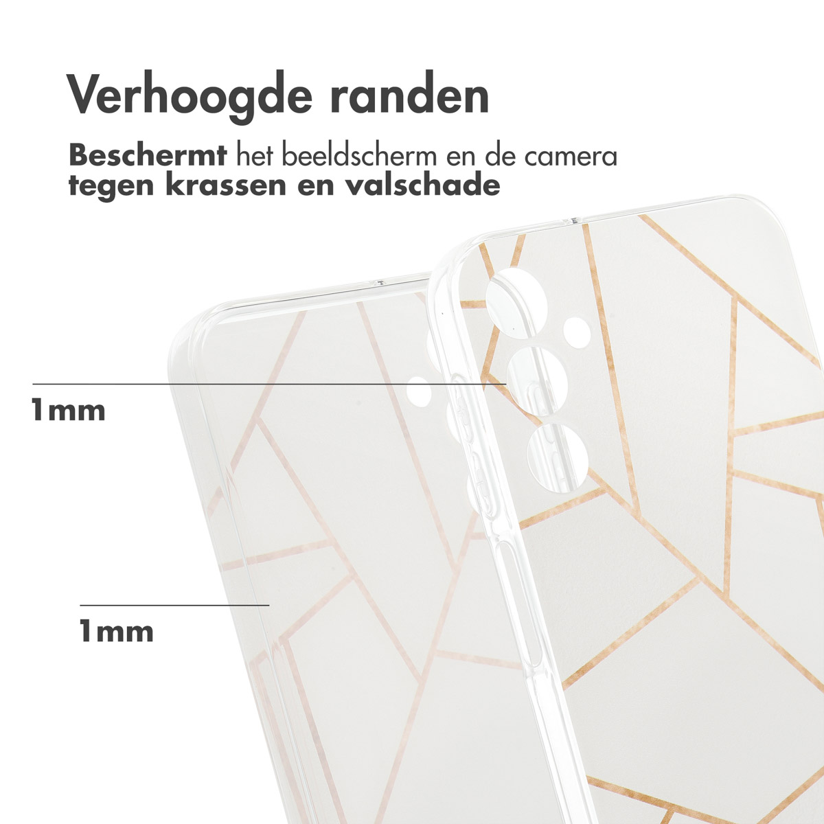 Transparante telefoonhoes met geometrisch ontwerp en gouden accenten. Telefoon zichtbaar.