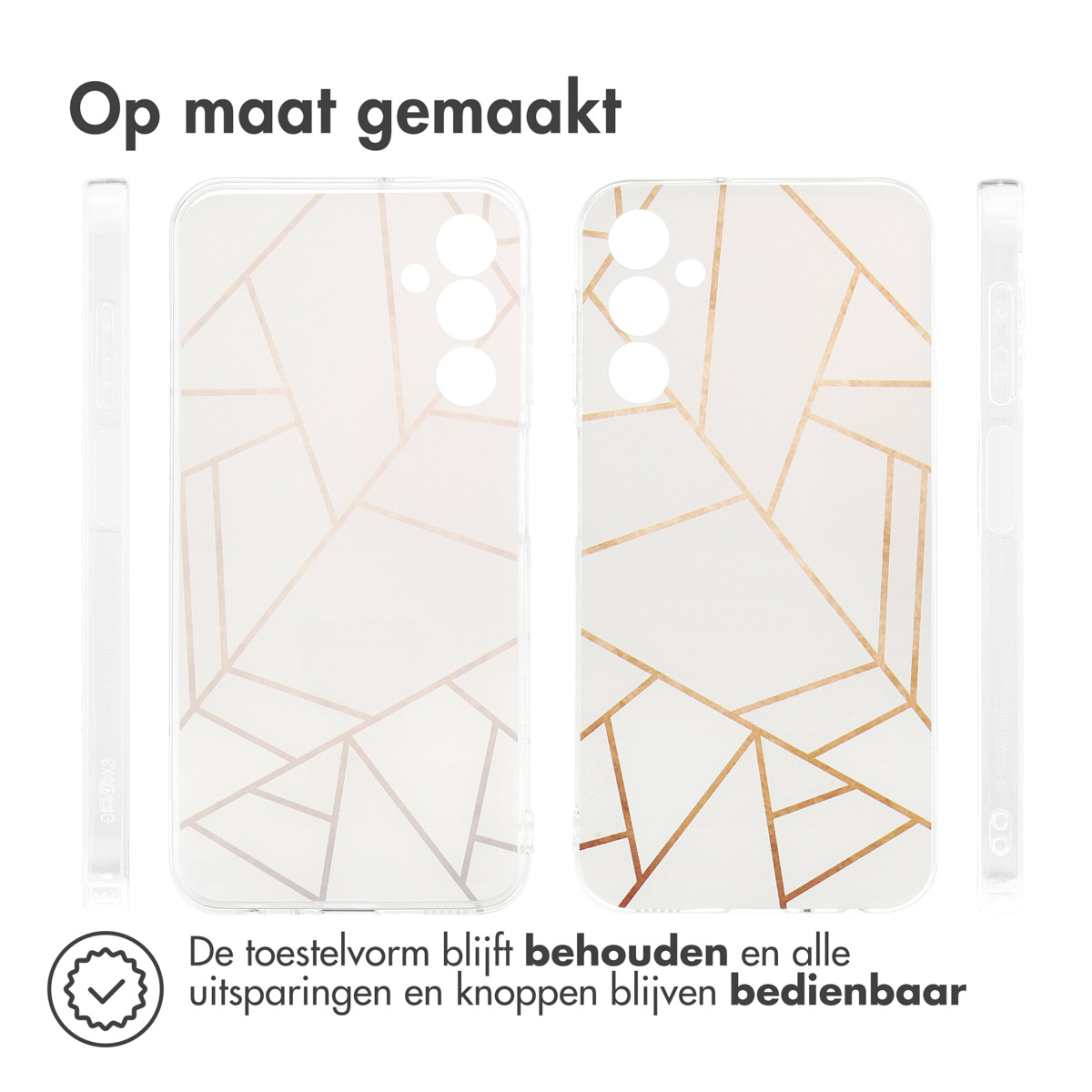 Telefoonhoesje met een gouden geometrisch ontwerp. De telefoon zit erin. De hoes heeft een transparante rand.