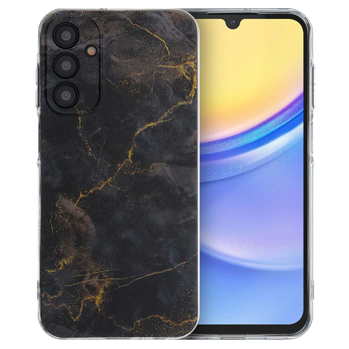 Telefoonhoesje met zwart marmerpatroon. Telefoon rechts.