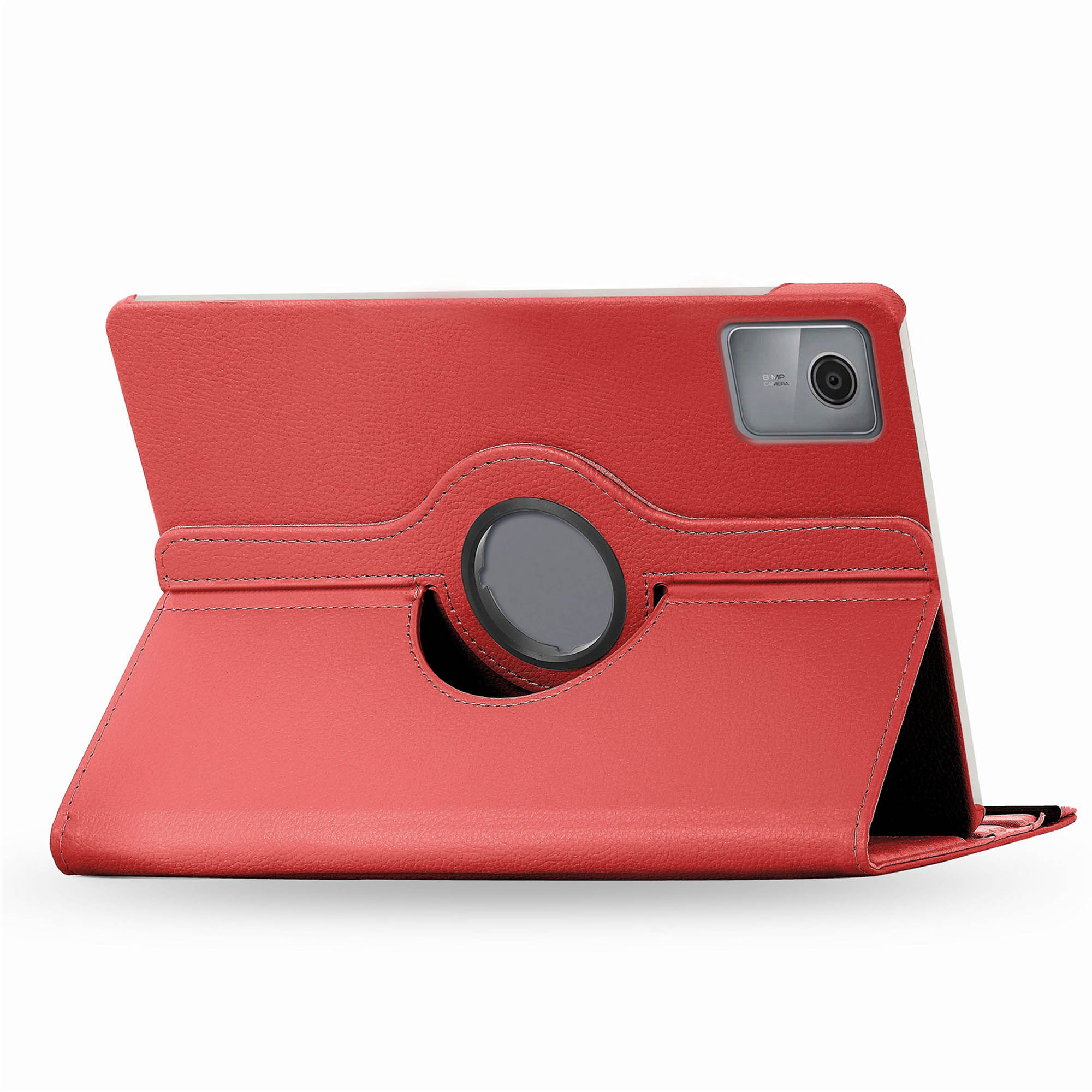 Rode tablethoes met een draaibare standaard en een tablet.