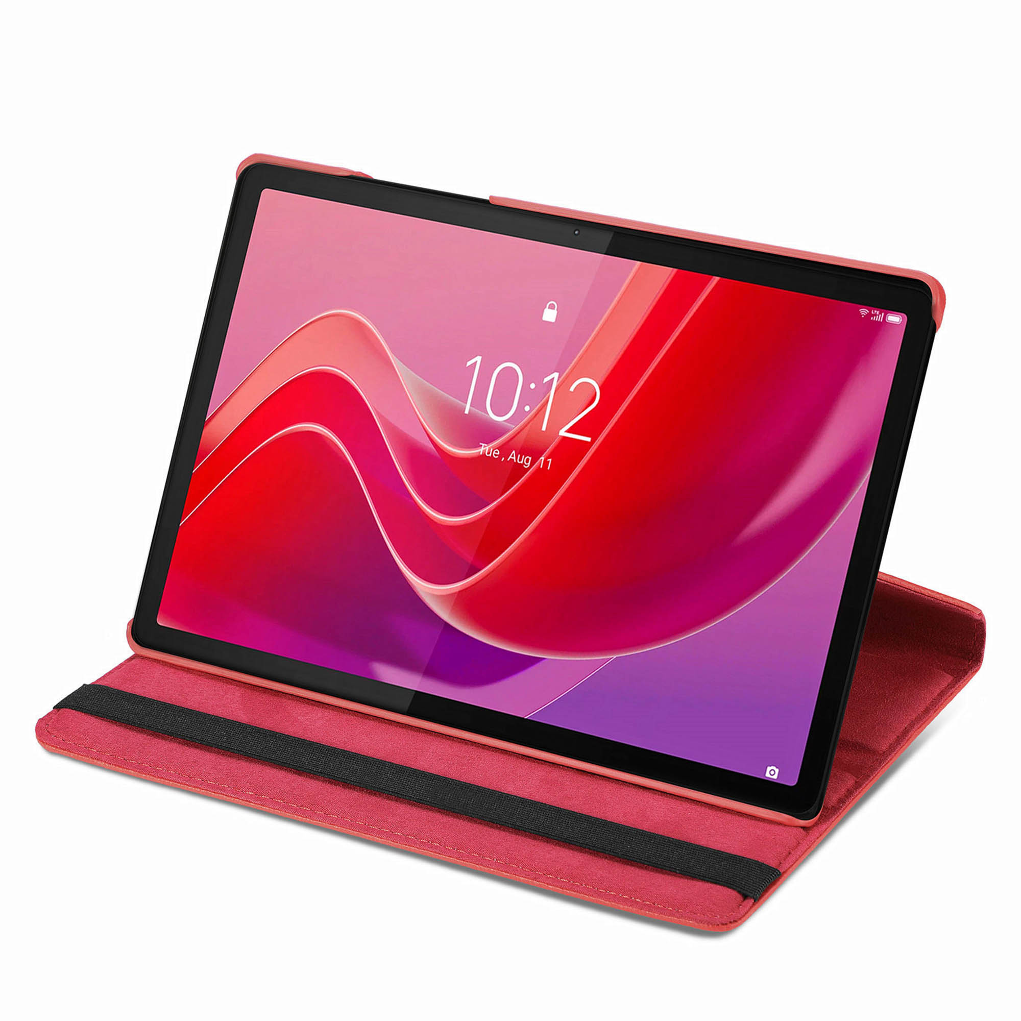 Rode tablethoes met tablet erin. De tablet toont een abstracte rode en paarse afbeelding.