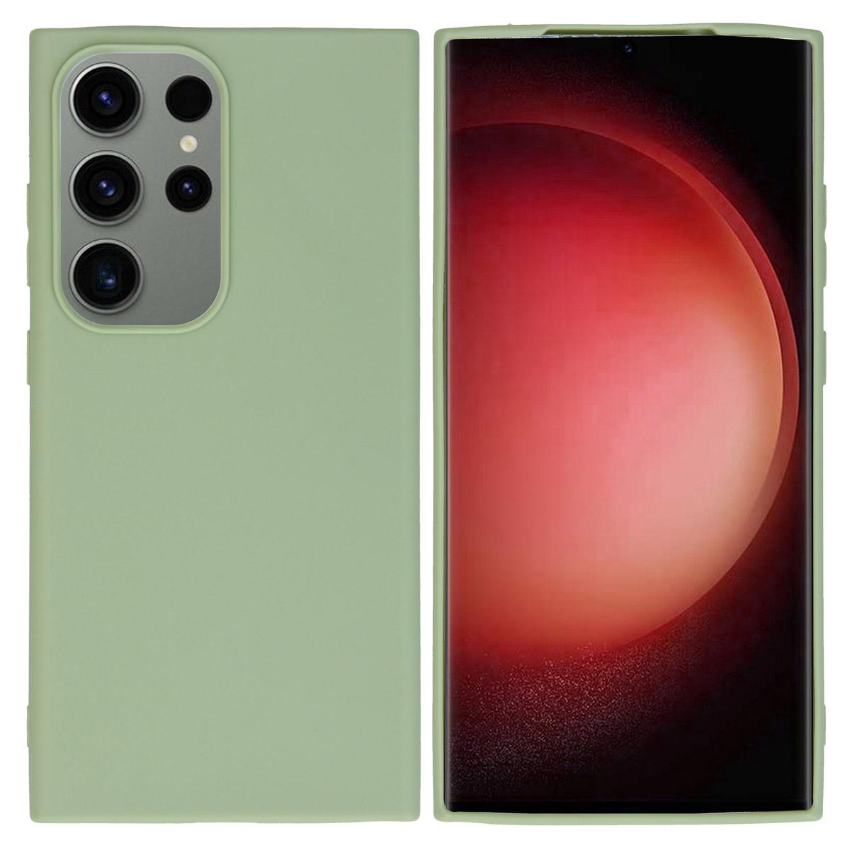 Groene telefoonhoes. De telefoon zit in de hoes. De hoes staat op een witte achtergrond.