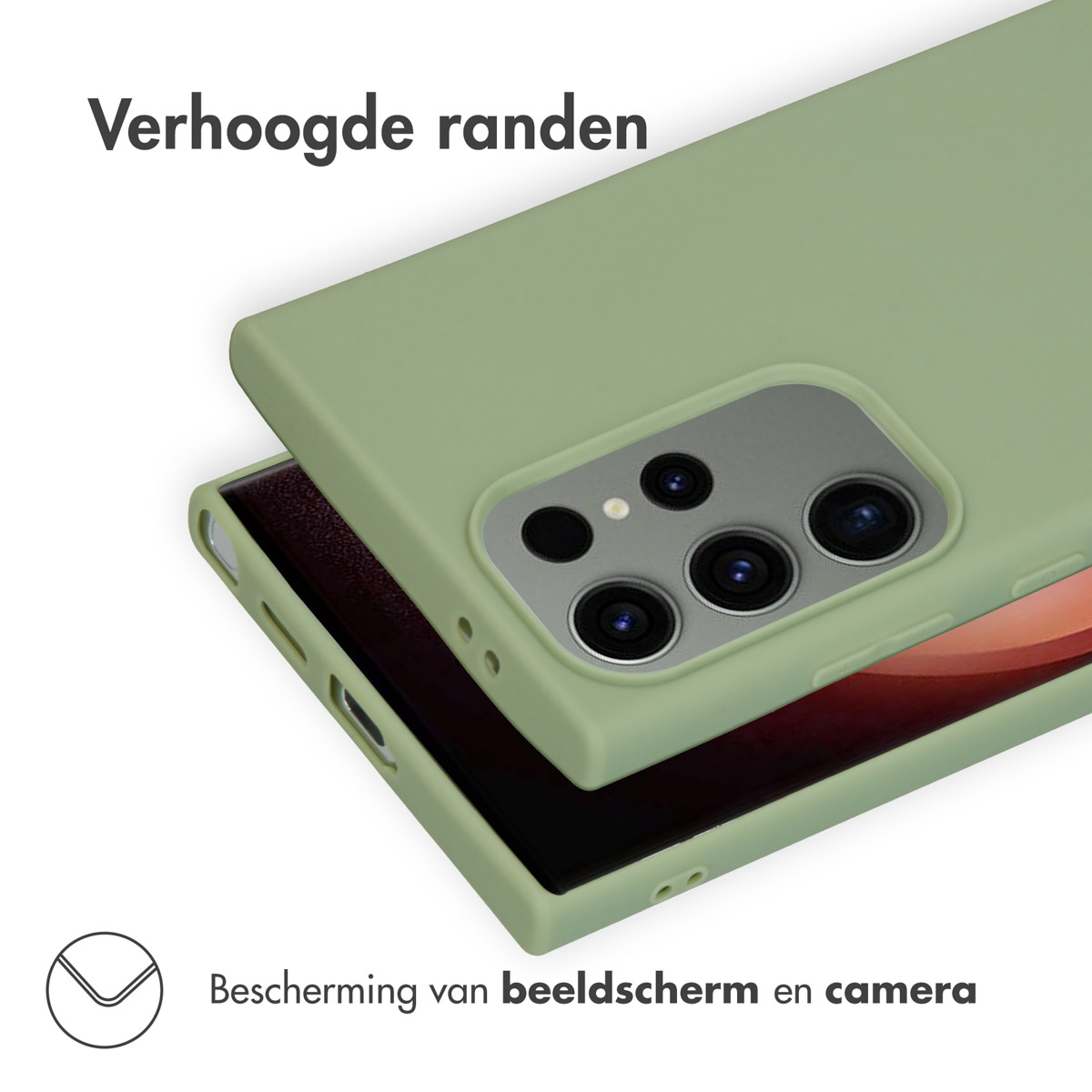 Lichtgroene telefoonhoes met verhoogde randen, beschermt het scherm en de camera. De hoes ligt bovenop een andere.