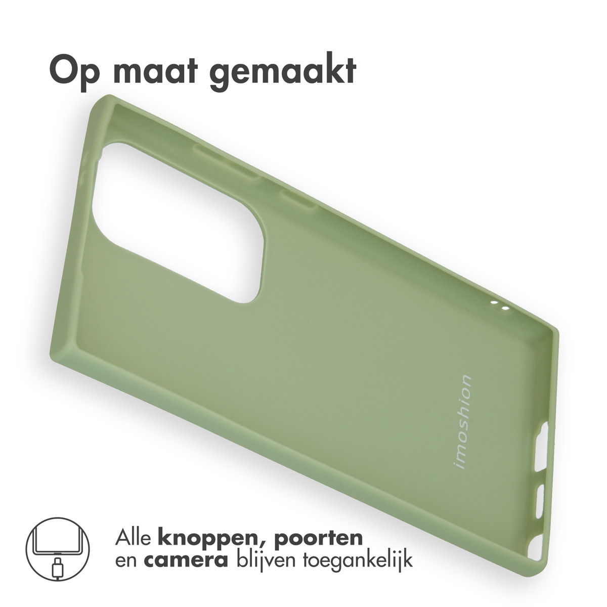 Saliegroene telefoonhoes. Tekst: Op maat gemaakt. Alle knoppen, poorten en camera blijven toegankelijk.