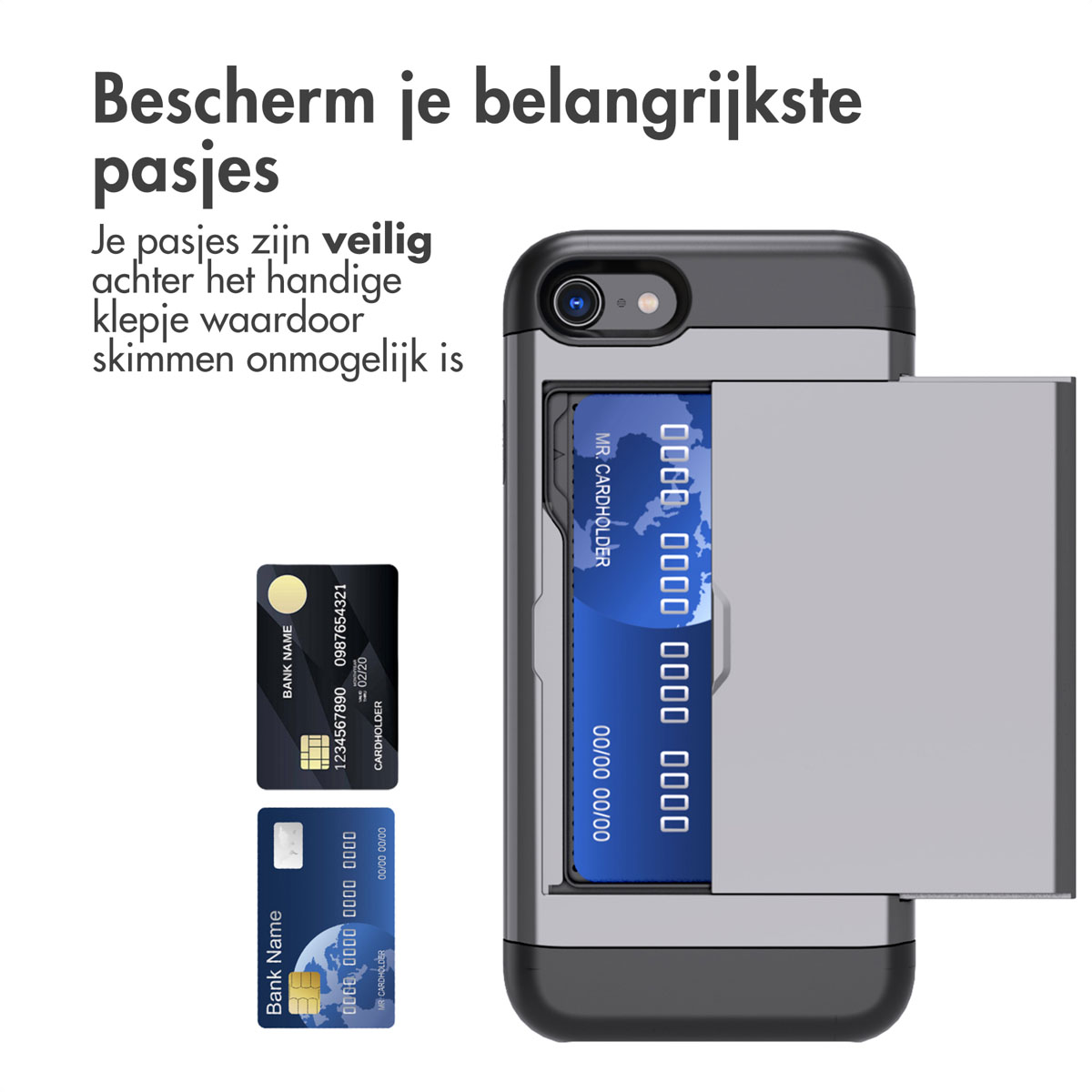 Telefoonhoesje met kaartsleuven. Twee kaarten. Tekst: Bescherm uw belangrijkste kaarten. Veilig achter de flap.
